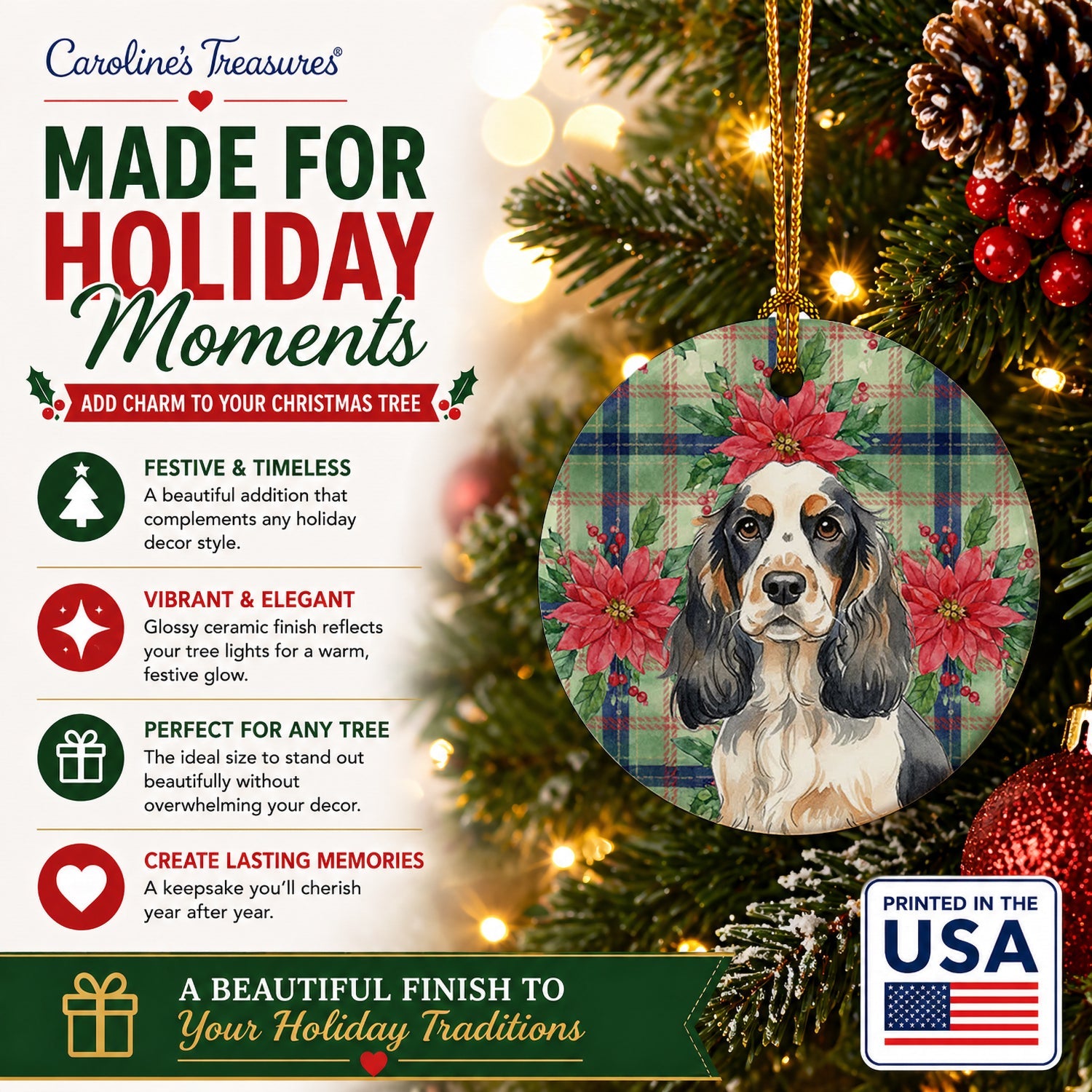 Parti Cocker Spaniel Christmas PoinsettIas Ceramic Ornament Christmas Tree Hanging Decorations for Home Christmas Holiday, Party, Gift, 3 in, Multicolor