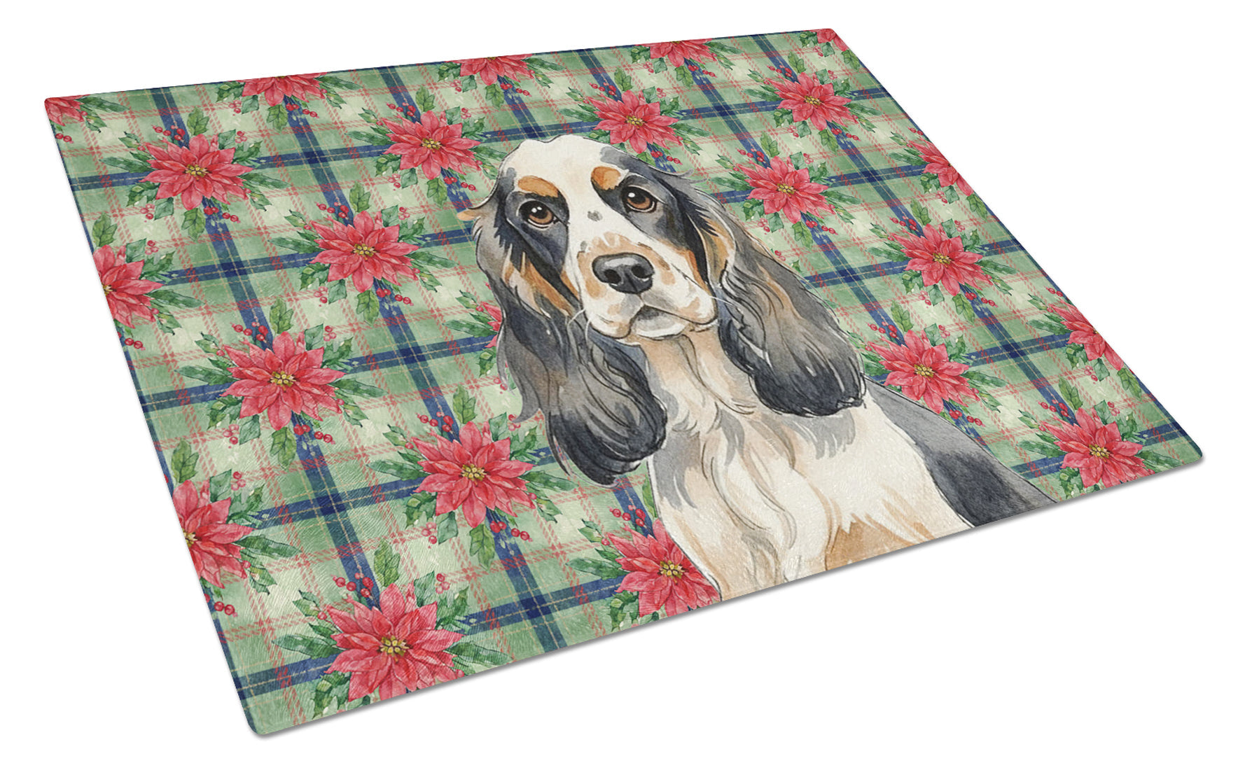 Parti Cocker Spaniel Christmas PoinsettIas Cutting Board Tempered Glass Kitchen Cutting Surface, Heat Resistant Chopping, Non-Slip Feet, Food Prep & Serving