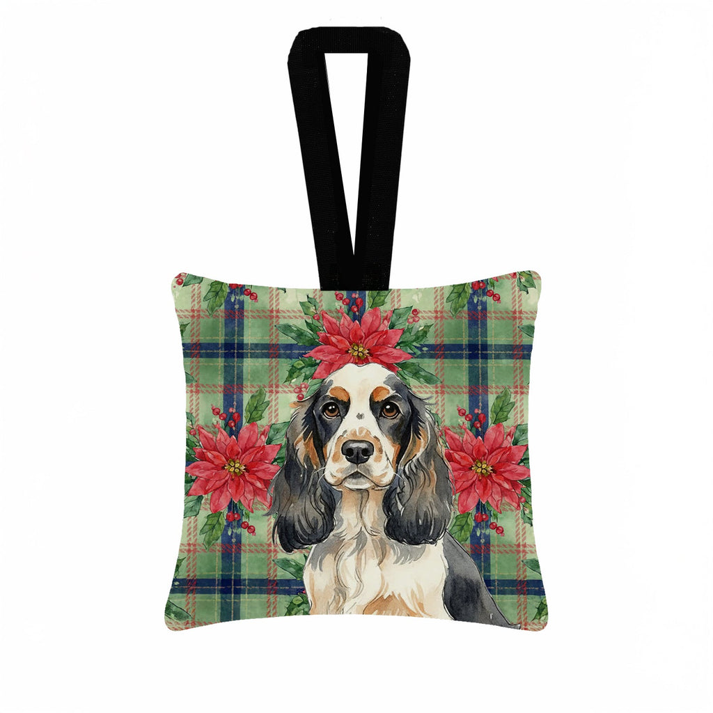 Parti Cocker Spaniel Christmas PoinsettIas Hanging Square Fabric Ornament 3.5 � 3.5 Decorative Door-Knob & Tree Hanger, Soft Fabric