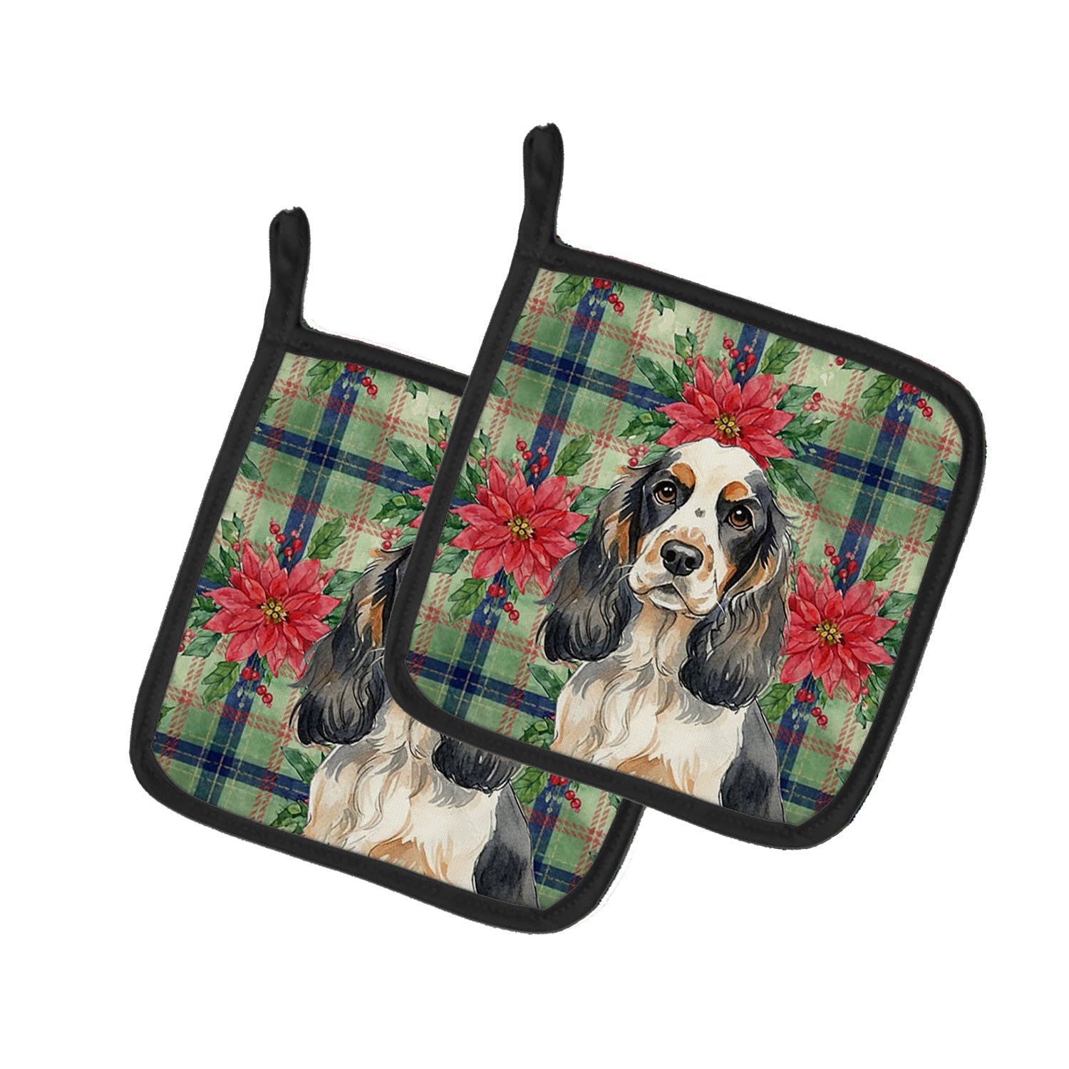 Parti Cocker Spaniel Christmas PoinsettIas Pot Holder Set of 2 Heat Resistant Quilted Hot Pads 7.5 x 7.5 Inch, Insulated Kitchen Trivets for Cooking & Baking