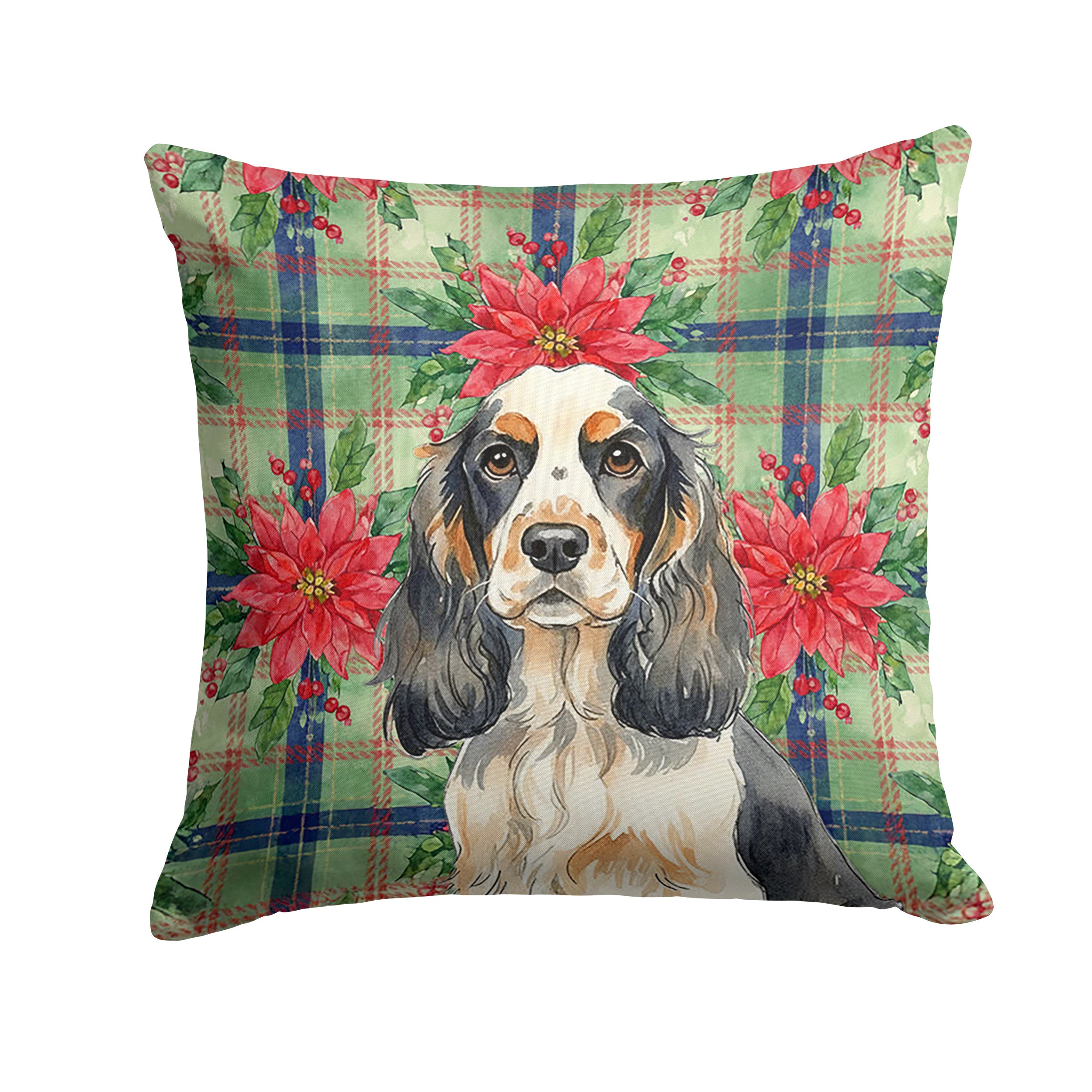 Parti Cocker Spaniel Christmas PoinsettIas Decorative Throw Pillow 14x14 Indoor Outdoor Accent Cushion, Fabric Cover with Insert for Sofa, Bed, Porch & Living Room