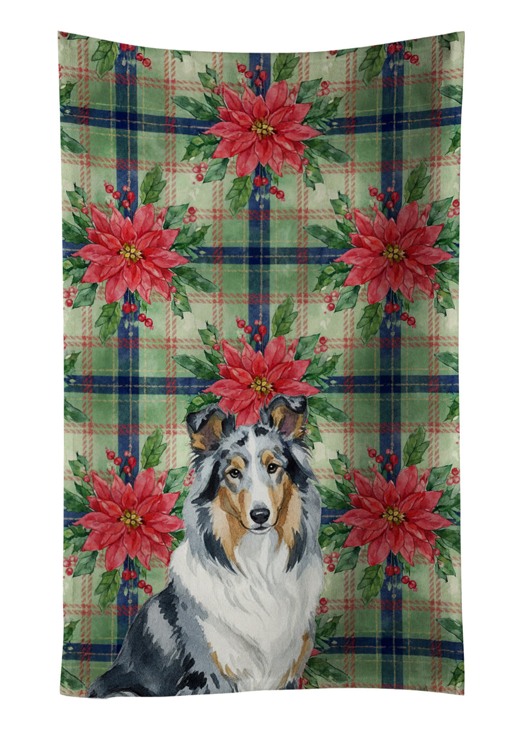 Blue Merle Collie Christmas PoinsettIas Kitchen Towel Velour Plush Front and Cotton Loop Back Machine Washable