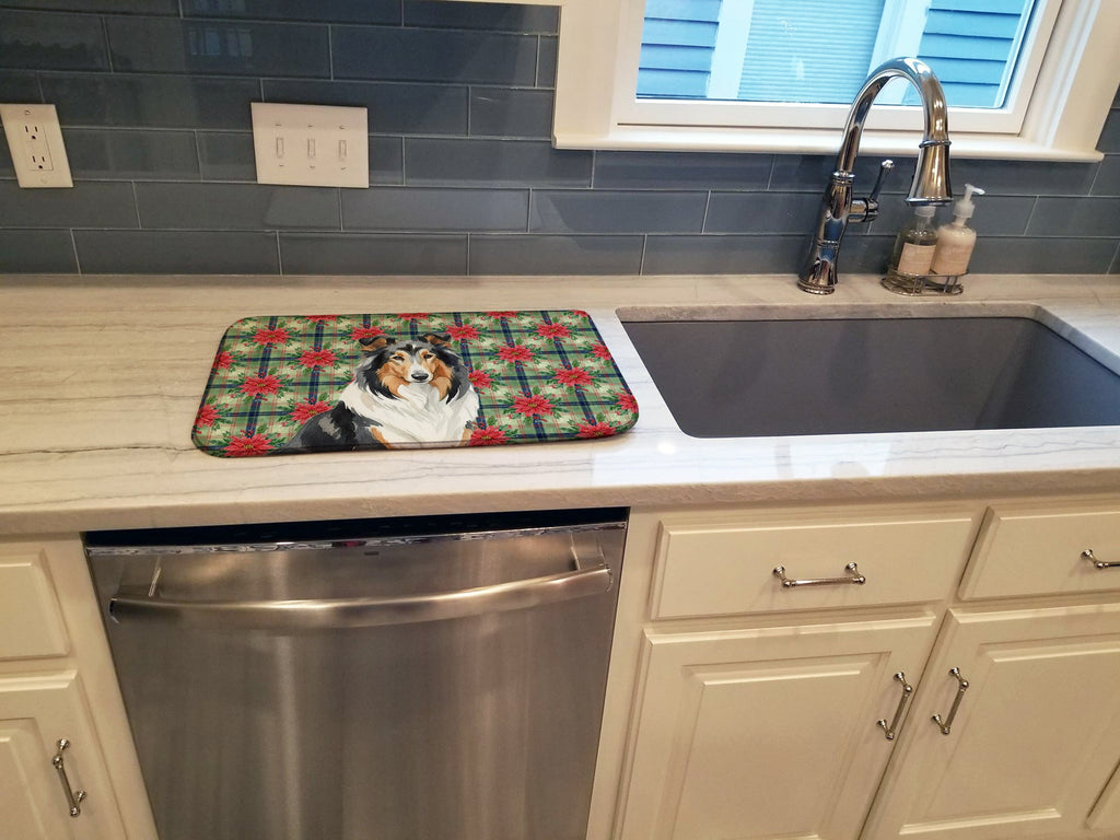 Tricolor Collie Christmas PoinsettIas Dish Drying Mat Absorbent Dish Drying Mat Pad for Kitchen Counter Dish Drainer Mat for Countertop, 14 x 21", Multicolor