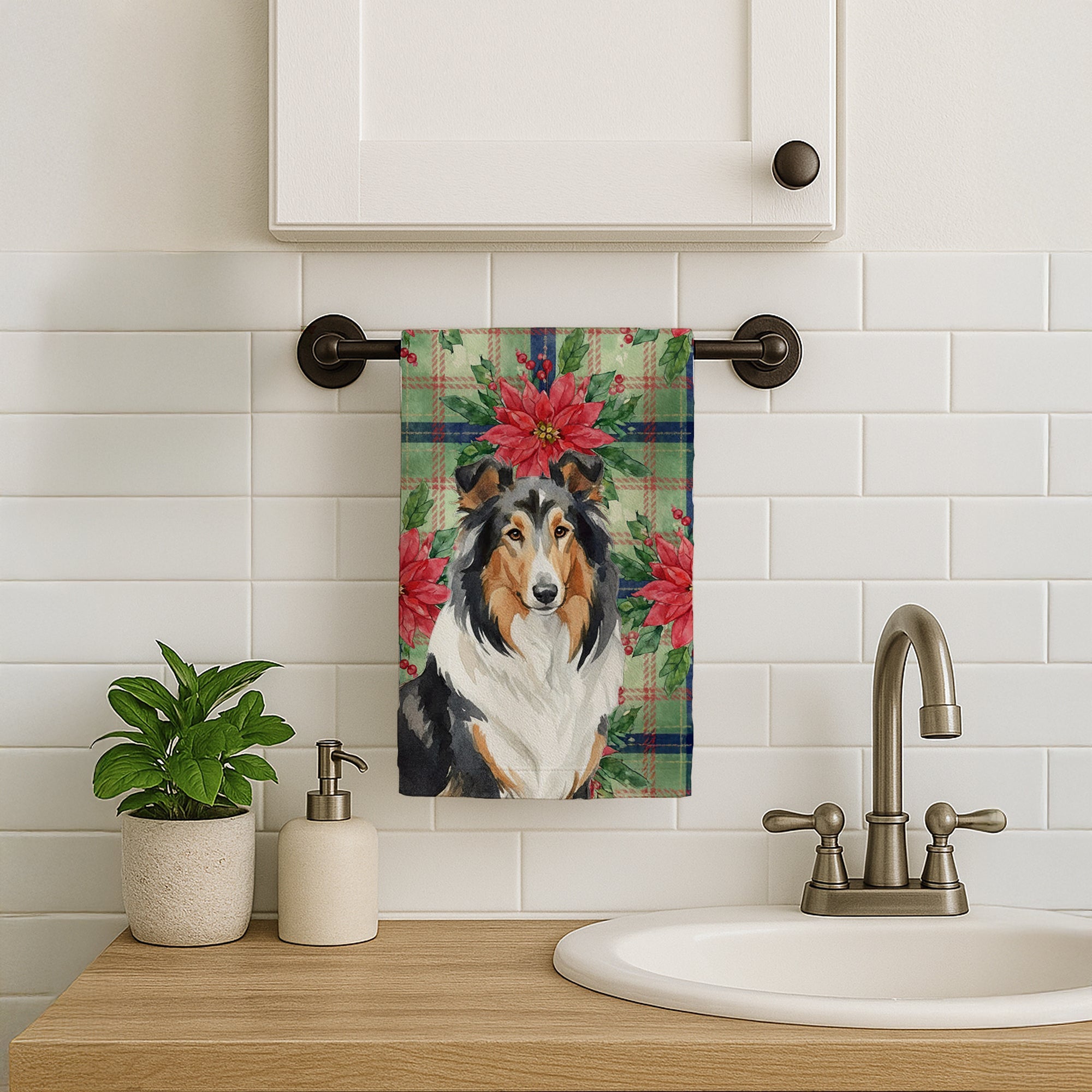 Tricolor Collie Christmas PoinsettIas Kitchen Towel Velour Plush Front and Cotton Loop Back Machine Washable