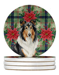 Tricolor Collie Christmas PoinsettIas Large Sandstone Coasters Pack of 4 Absorbent Round Coasters Decor Gifts for Men or Women, 4 in, Multicolor