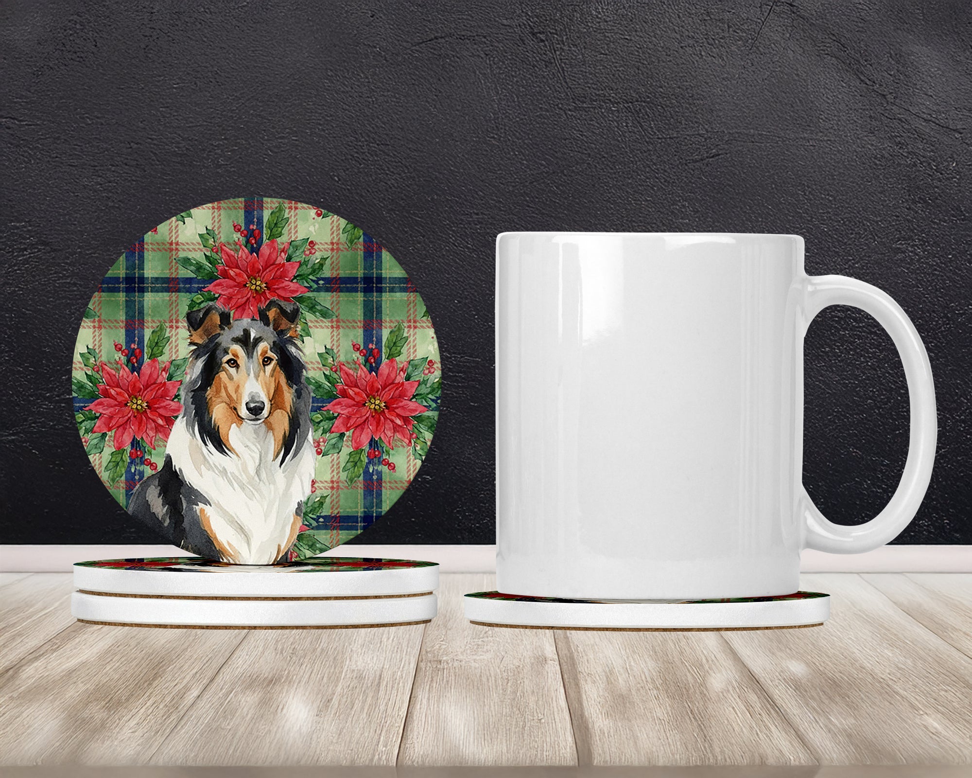 Tricolor Collie Christmas PoinsettIas Large Sandstone Coasters Pack of 4 Absorbent Round Coasters Decor Gifts for Men or Women, 4 in, Multicolor