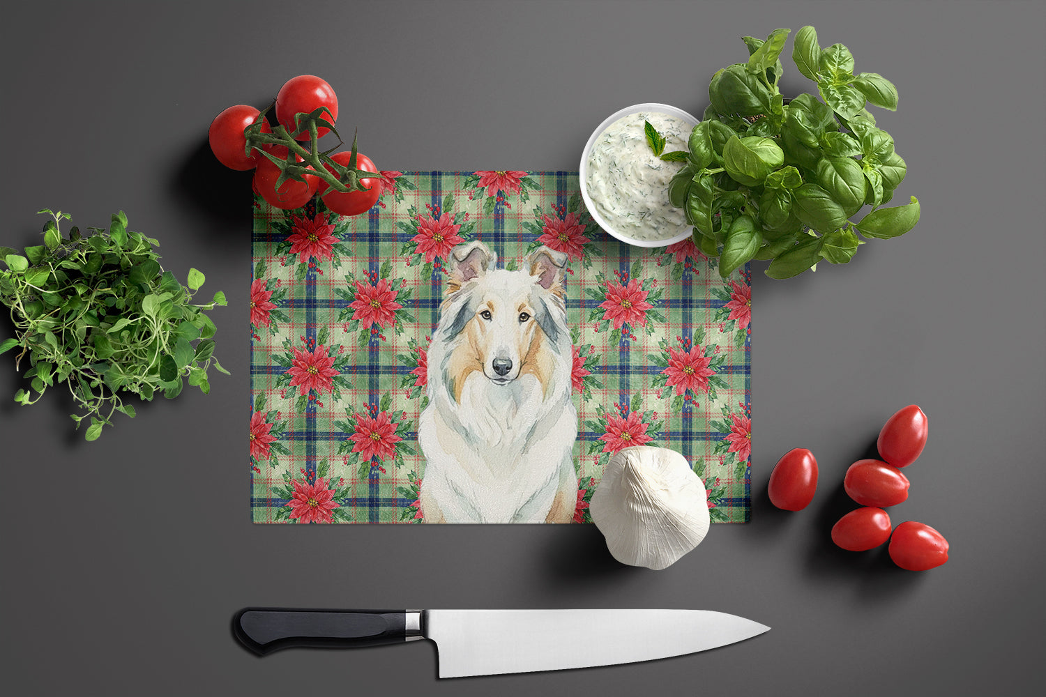 White Collie Christmas PoinsettIas Cutting Board Tempered Glass Kitchen Cutting Surface, Heat Resistant Chopping, Non-Slip Feet, Food Prep & Serving