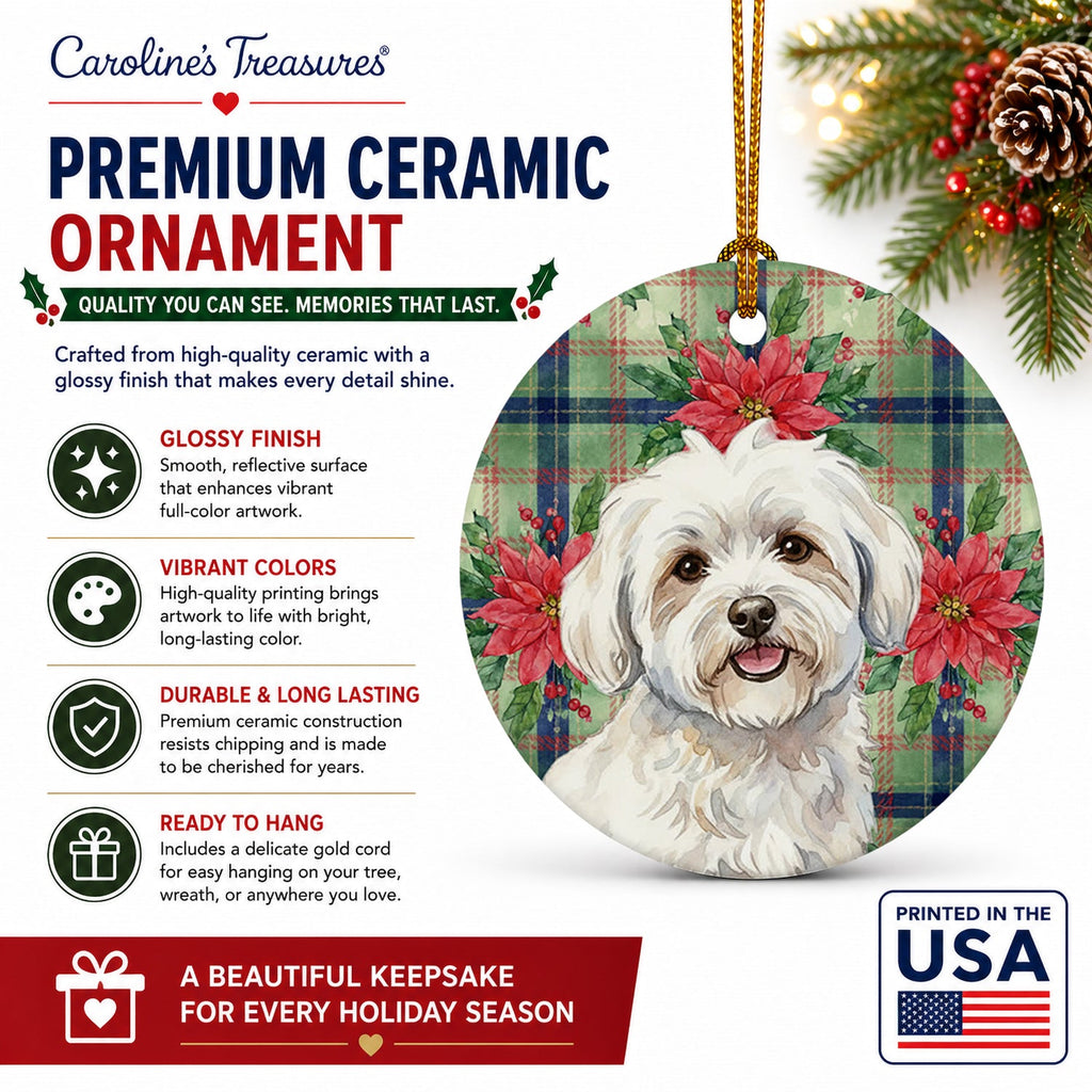 Coton de Tulear Christmas PoinsettIas Ceramic Ornament Christmas Tree Hanging Decorations for Home Christmas Holiday, Party, Gift, 3 in, Multicolor