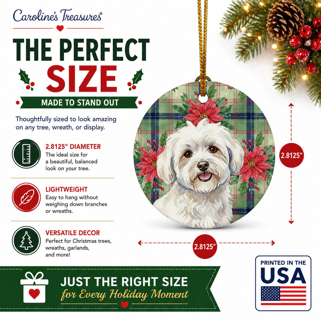 Coton de Tulear Christmas PoinsettIas Ceramic Ornament Christmas Tree Hanging Decorations for Home Christmas Holiday, Party, Gift, 3 in, Multicolor