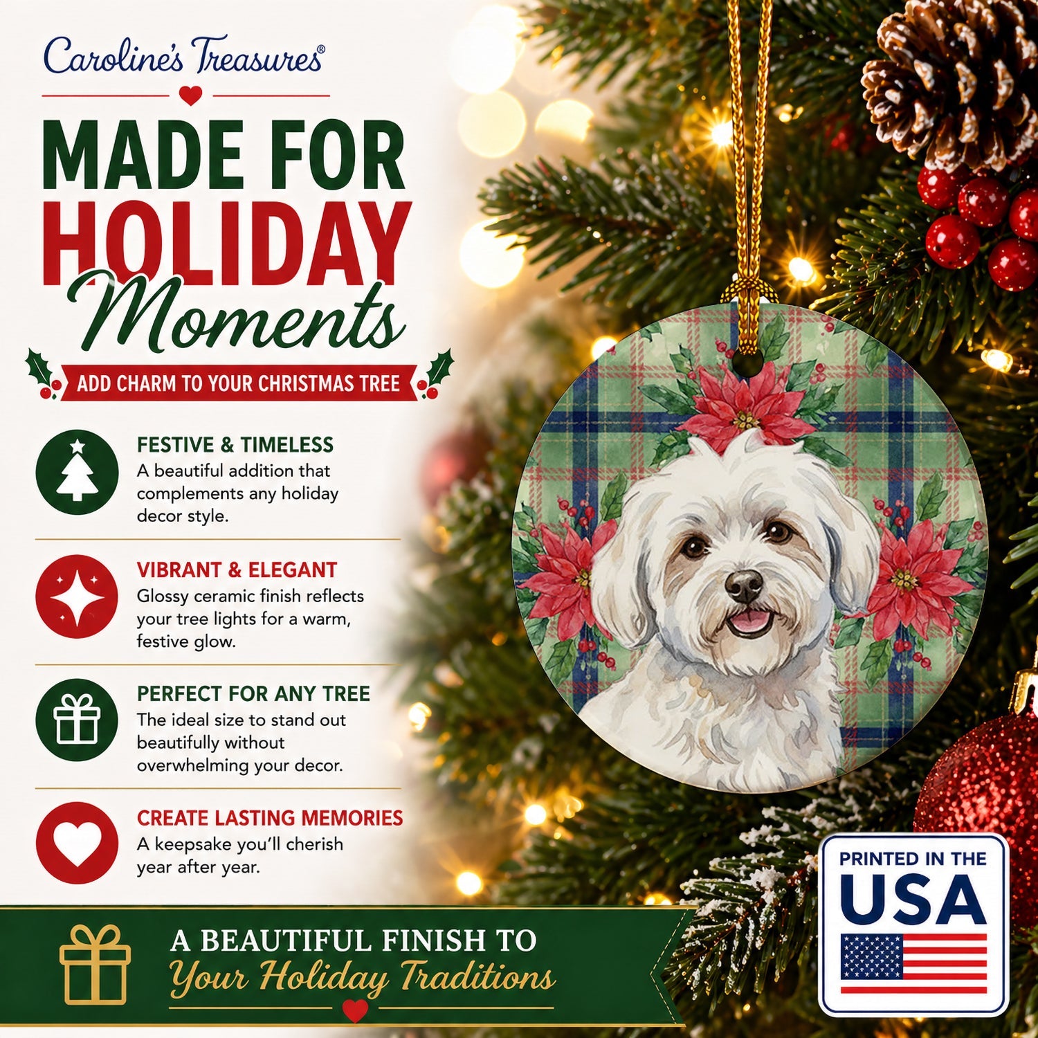 Coton de Tulear Christmas PoinsettIas Ceramic Ornament Christmas Tree Hanging Decorations for Home Christmas Holiday, Party, Gift, 3 in, Multicolor
