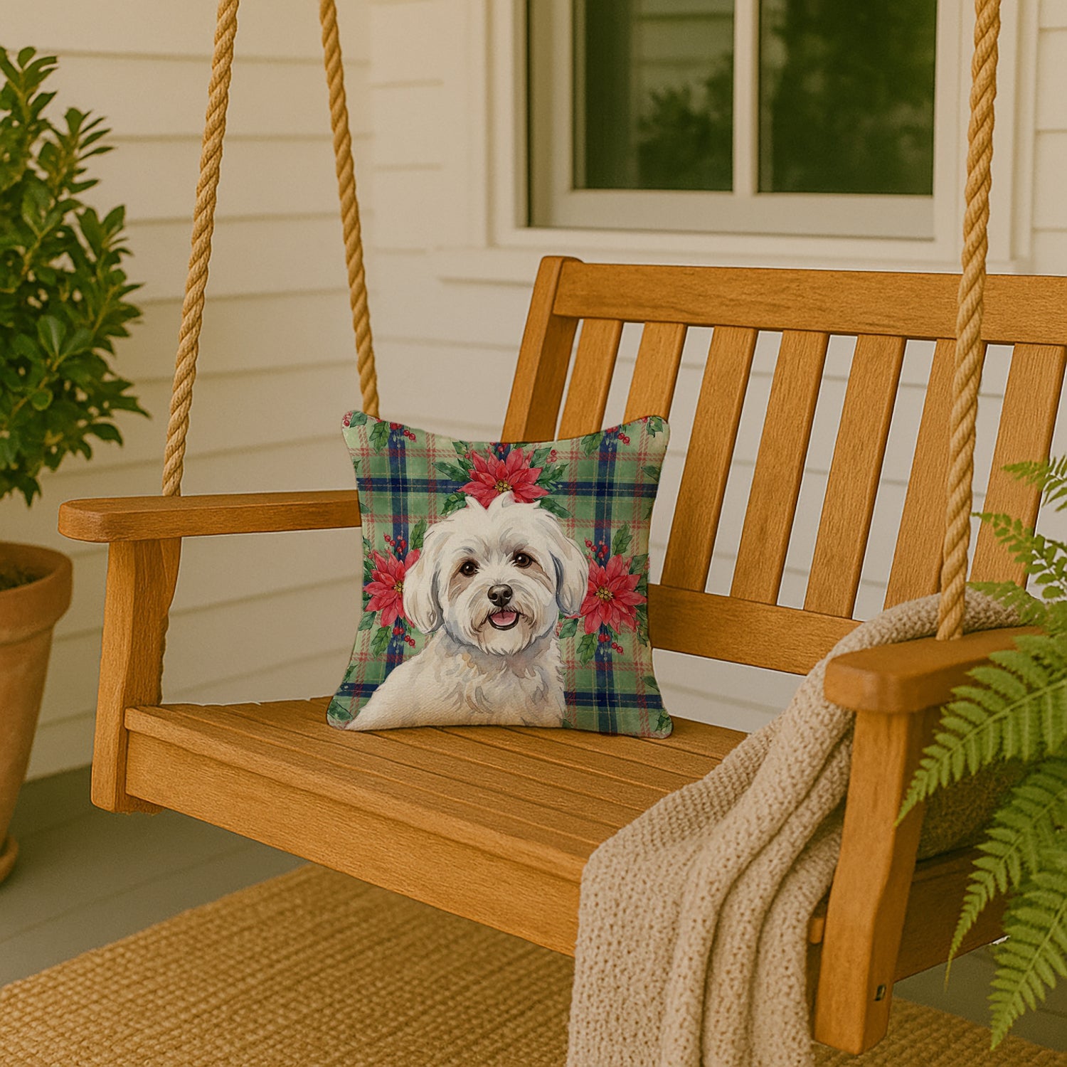 Coton de Tulear Christmas PoinsettIas Decorative Throw Pillow 14x14 Indoor Outdoor Accent Cushion, Fabric Cover with Insert for Sofa, Bed, Porch & Living Room