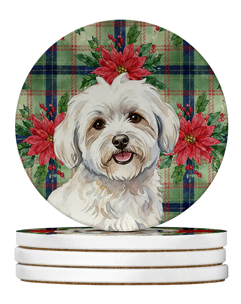 Coton de Tulear Christmas PoinsettIas Large Sandstone Coasters Pack of 4 Absorbent Round Coasters Decor Gifts for Men or Women, 4 in, Multicolor