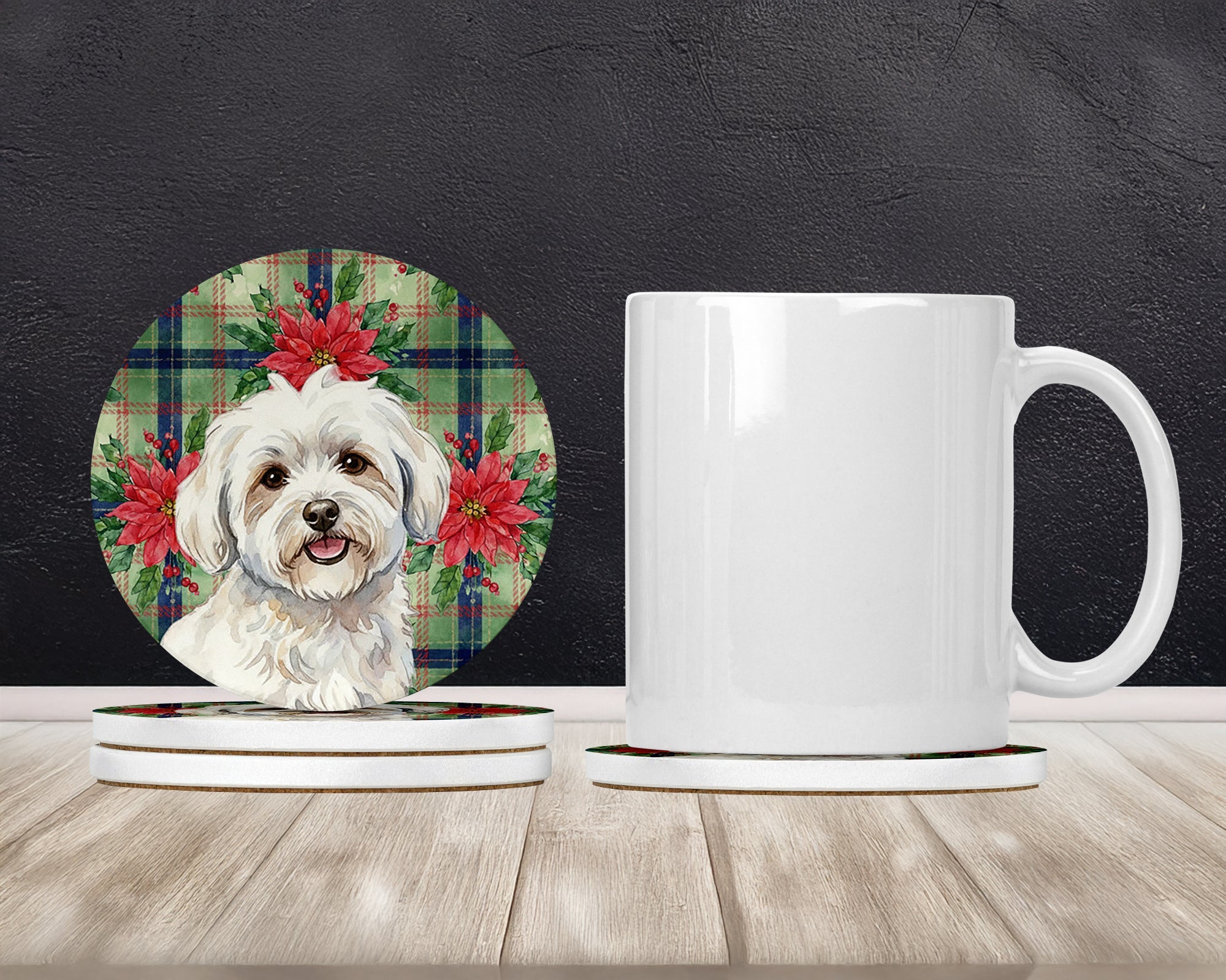 Coton de Tulear Christmas PoinsettIas Large Sandstone Coasters Pack of 4 Absorbent Round Coasters Decor Gifts for Men or Women, 4 in, Multicolor
