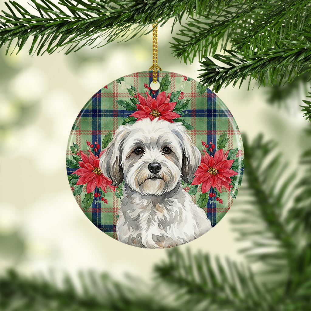 White with Gray Coton de Tulear Christmas PoinsettIas Ceramic Ornament Christmas Tree Hanging Decorations for Home Christmas Holiday, Party, Gift, 3 in, Multicolor