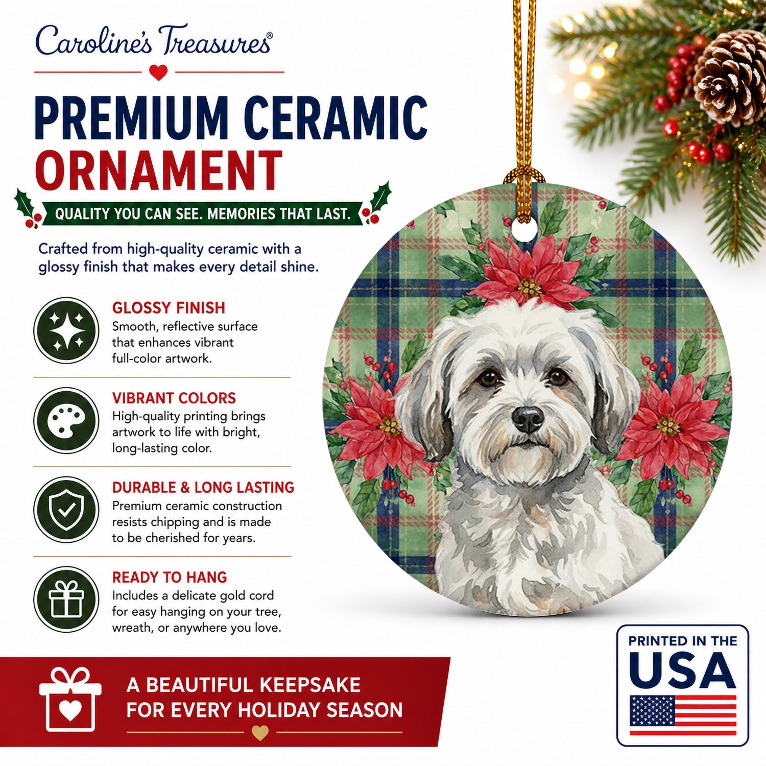 White with Gray Coton de Tulear Christmas PoinsettIas Ceramic Ornament Christmas Tree Hanging Decorations for Home Christmas Holiday, Party, Gift, 3 in, Multicolor