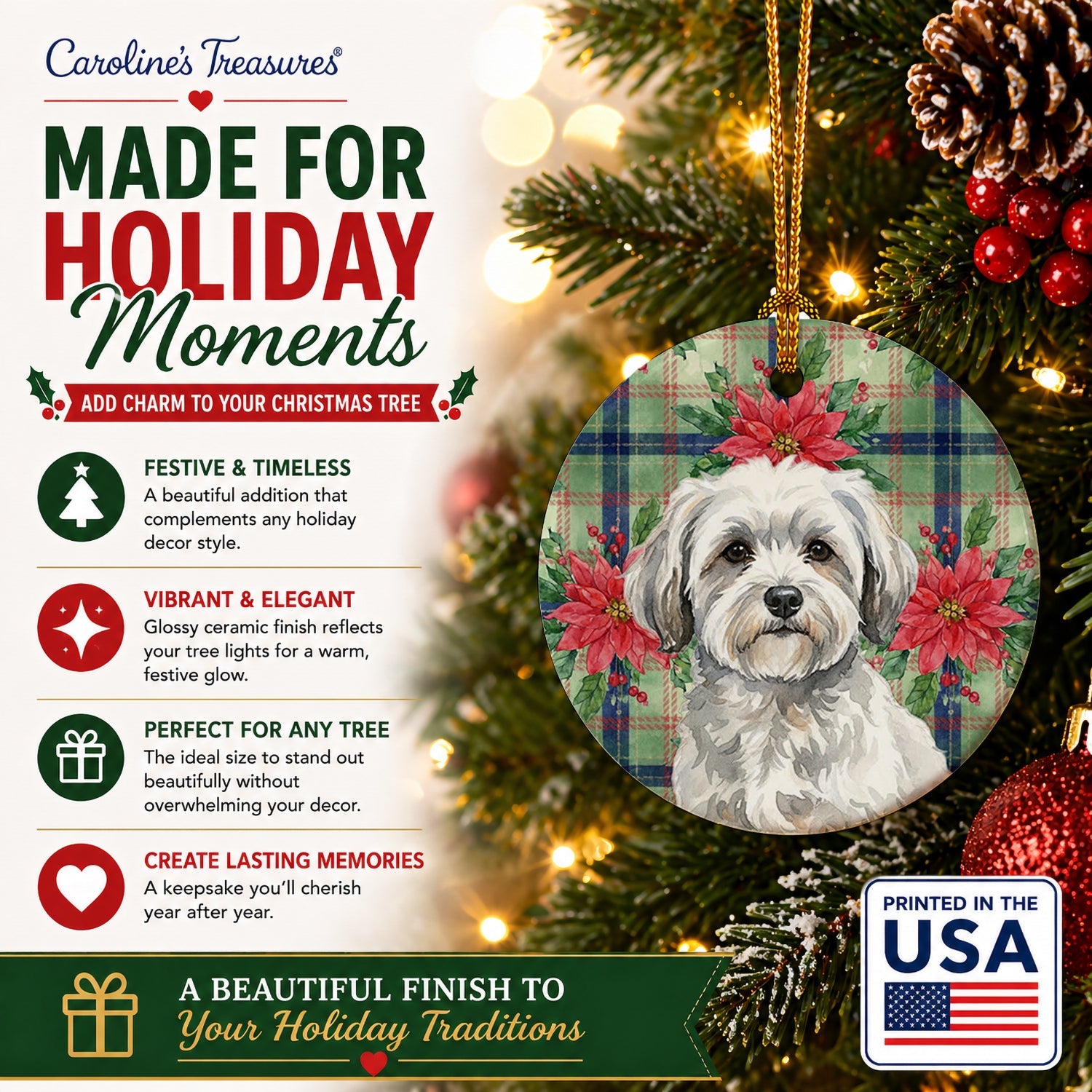 White with Gray Coton de Tulear Christmas PoinsettIas Ceramic Ornament Christmas Tree Hanging Decorations for Home Christmas Holiday, Party, Gift, 3 in, Multicolor