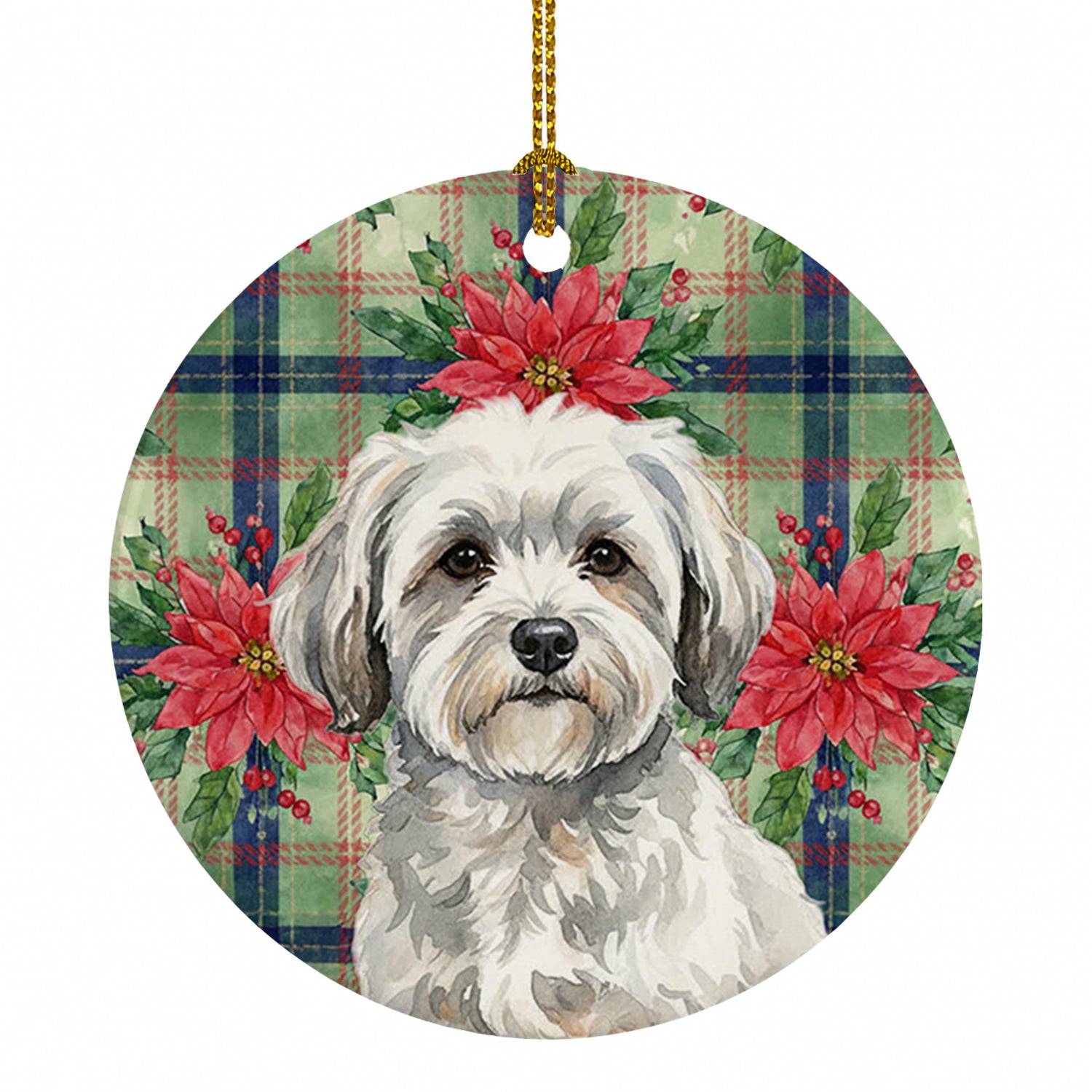 White with Gray Coton de Tulear Christmas PoinsettIas Ceramic Ornament Christmas Tree Hanging Decorations for Home Christmas Holiday, Party, Gift, 3 in, Multicolor