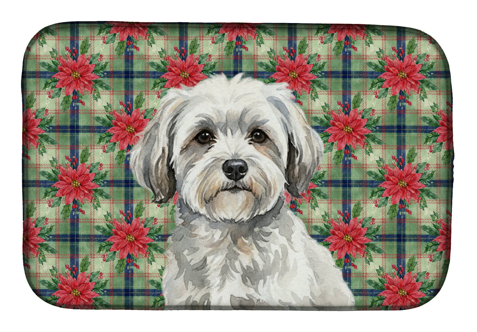 White with Gray Coton de Tulear Christmas PoinsettIas Dish Drying Mat Absorbent Dish Drying Mat Pad for Kitchen Counter Dish Drainer Mat for Countertop, 14 x 21", Multicolor