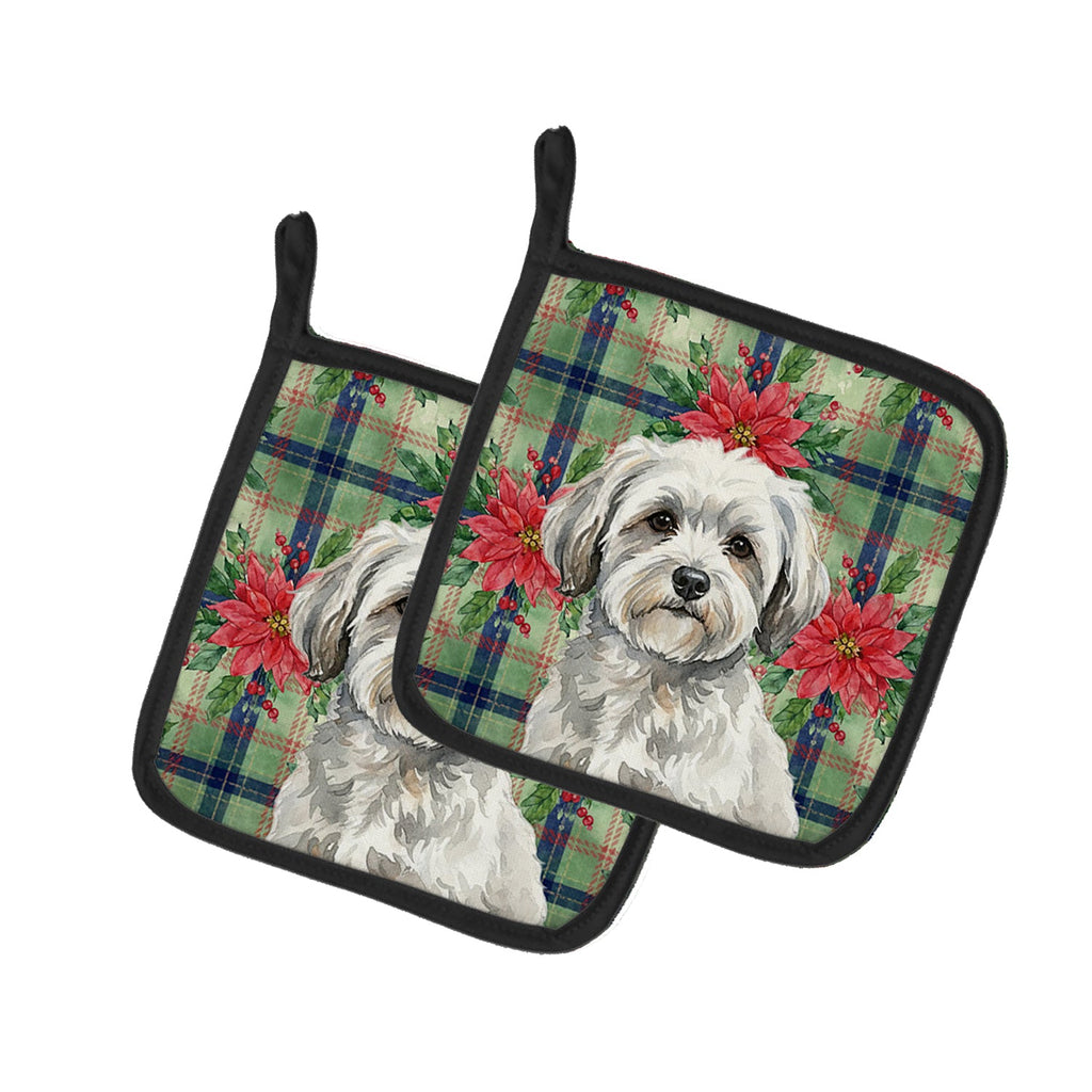 White with Gray Coton de Tulear Christmas PoinsettIas Pot Holder Set of 2 Heat Resistant Quilted Hot Pads 7.5 x 7.5 Inch, Insulated Kitchen Trivets for Cooking & Baking