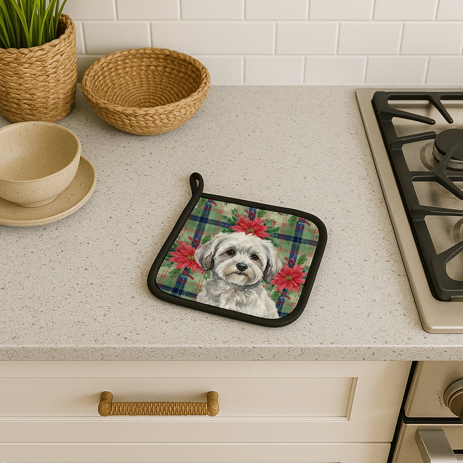 White with Gray Coton de Tulear Christmas PoinsettIas Pot Holder Set of 2 Heat Resistant Quilted Hot Pads 7.5 x 7.5 Inch, Insulated Kitchen Trivets for Cooking & Baking
