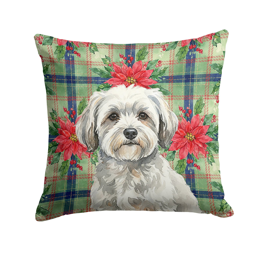White with Gray Coton de Tulear Christmas PoinsettIas Decorative Throw Pillow 14x14 Indoor Outdoor Accent Cushion, Fabric Cover with Insert for Sofa, Bed, Porch & Living Room