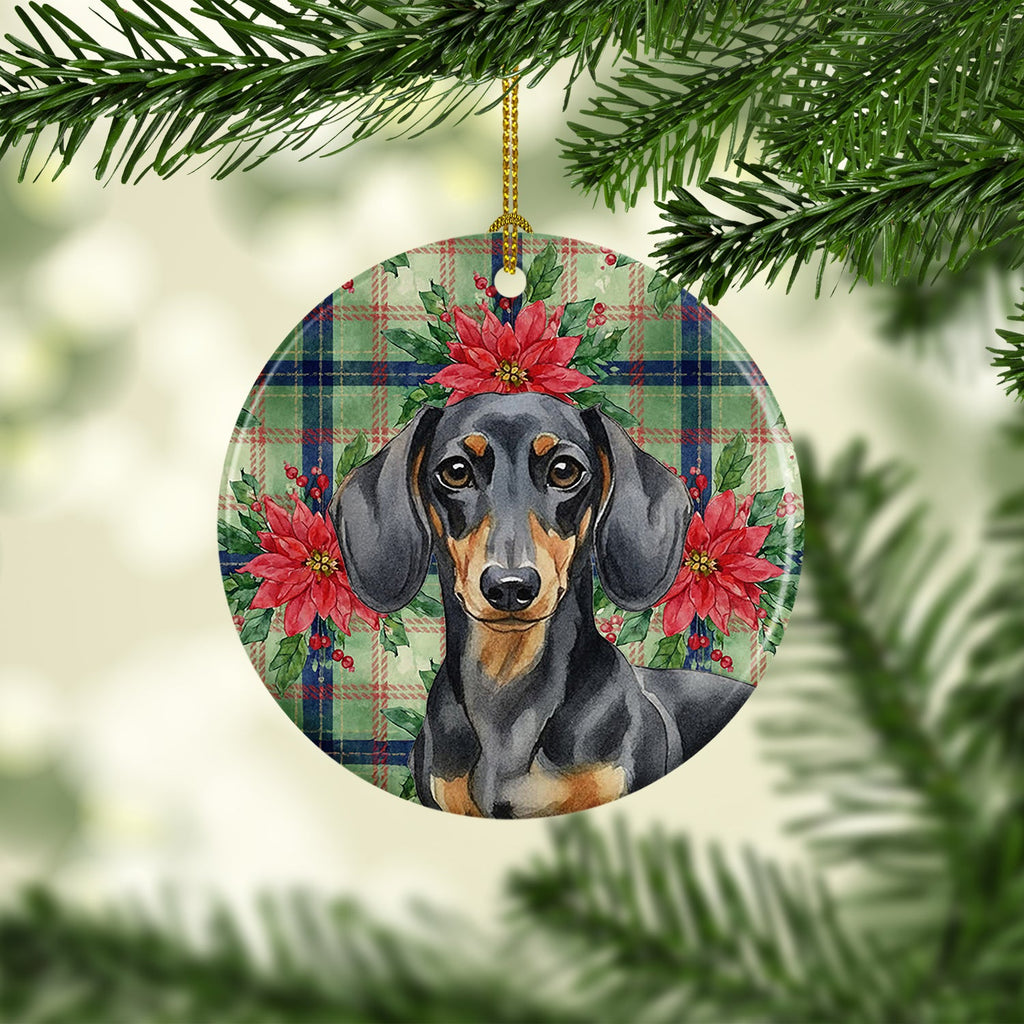 Black and Tan Dachshund Christmas PoinsettIas Ceramic Ornament Christmas Tree Hanging Decorations for Home Christmas Holiday, Party, Gift, 3 in, Multicolor