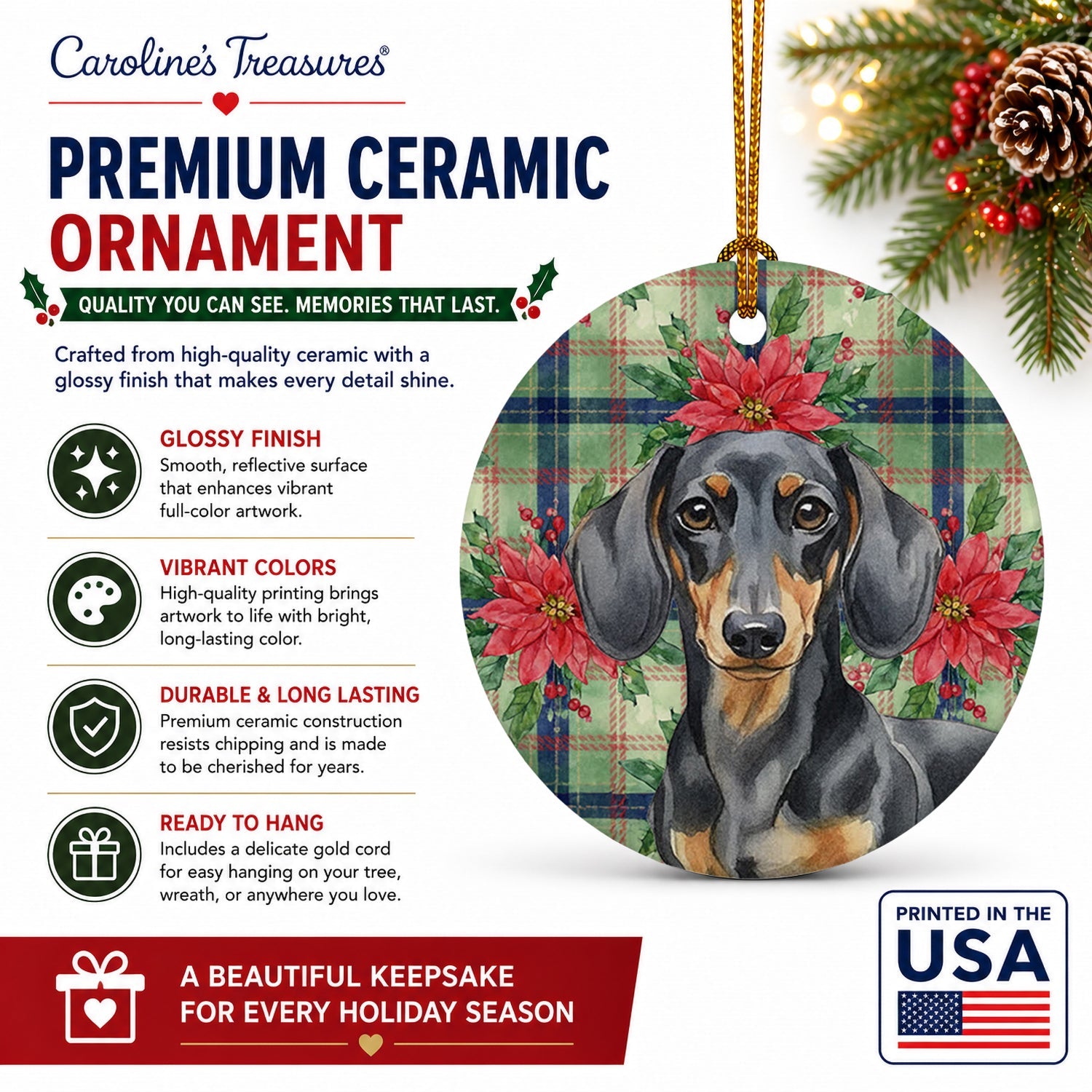 Black and Tan Dachshund Christmas PoinsettIas Ceramic Ornament Christmas Tree Hanging Decorations for Home Christmas Holiday, Party, Gift, 3 in, Multicolor