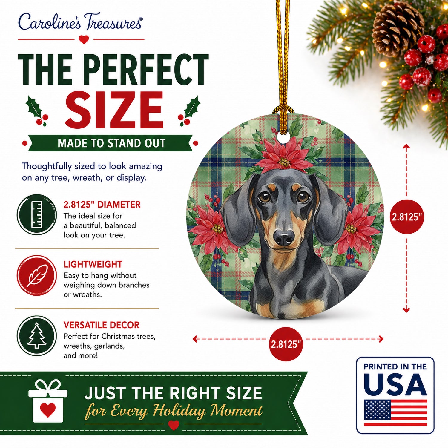 Black and Tan Dachshund Christmas PoinsettIas Ceramic Ornament Christmas Tree Hanging Decorations for Home Christmas Holiday, Party, Gift, 3 in, Multicolor