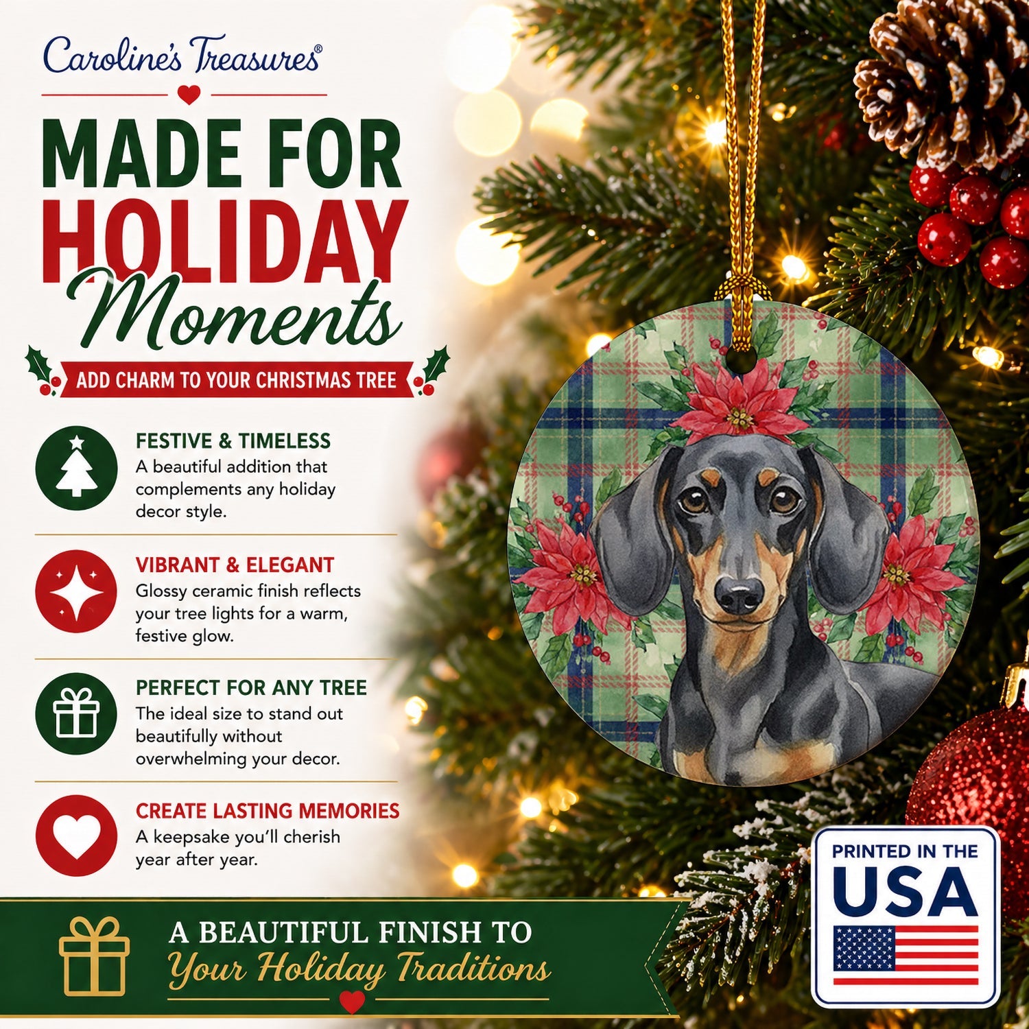Black and Tan Dachshund Christmas PoinsettIas Ceramic Ornament Christmas Tree Hanging Decorations for Home Christmas Holiday, Party, Gift, 3 in, Multicolor