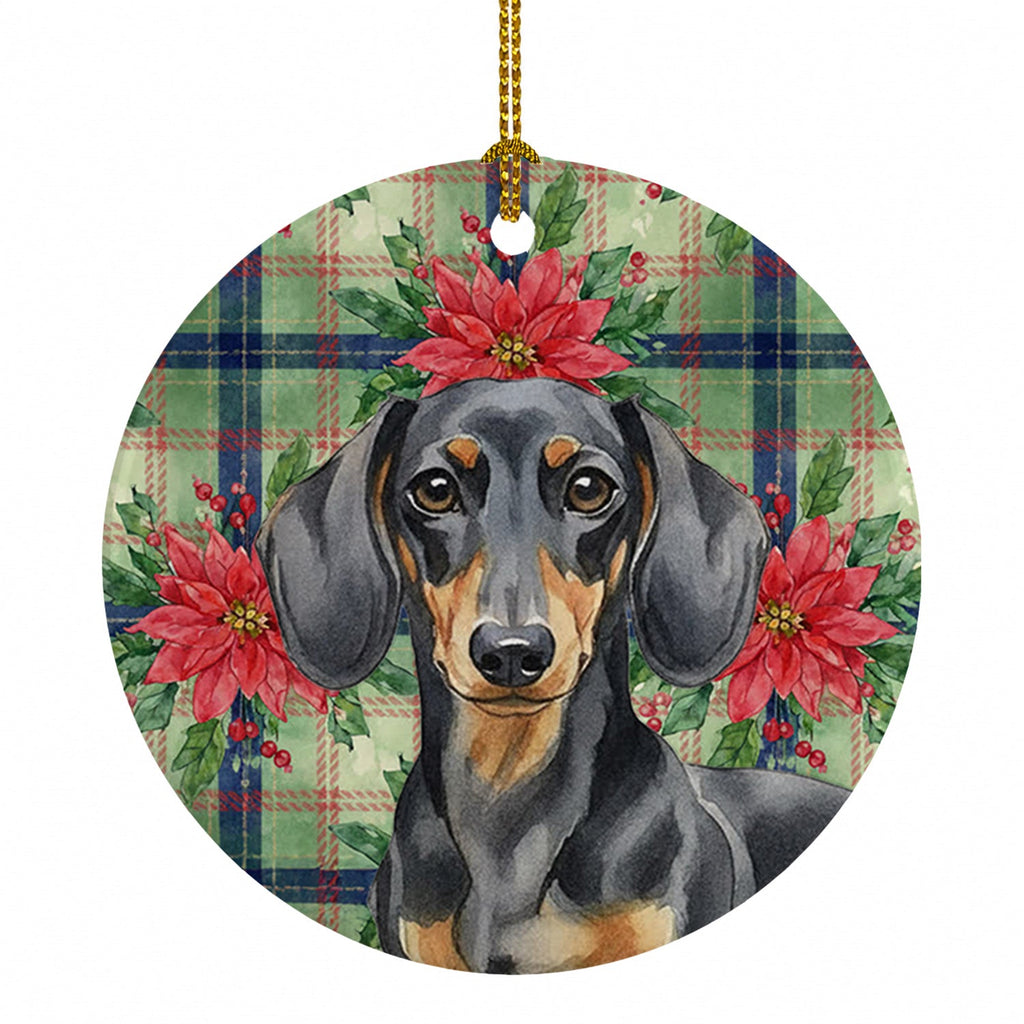 Black and Tan Dachshund Christmas PoinsettIas Ceramic Ornament Christmas Tree Hanging Decorations for Home Christmas Holiday, Party, Gift, 3 in, Multicolor