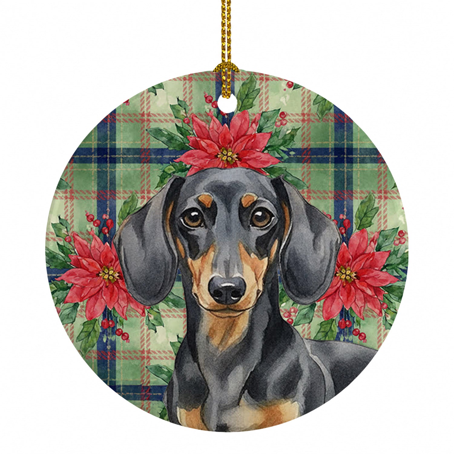 Black and Tan Dachshund Christmas PoinsettIas Ceramic Ornament Christmas Tree Hanging Decorations for Home Christmas Holiday, Party, Gift, 3 in, Multicolor
