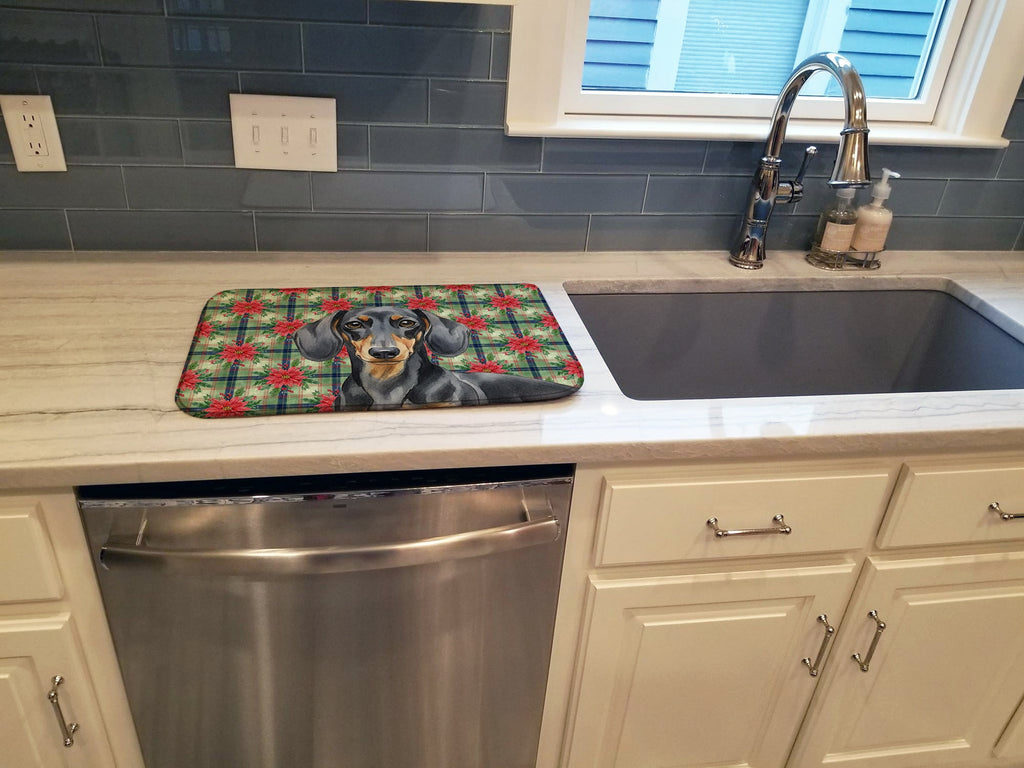 Black and Tan Dachshund Christmas PoinsettIas Dish Drying Mat Absorbent Dish Drying Mat Pad for Kitchen Counter Dish Drainer Mat for Countertop, 14 x 21", Multicolor