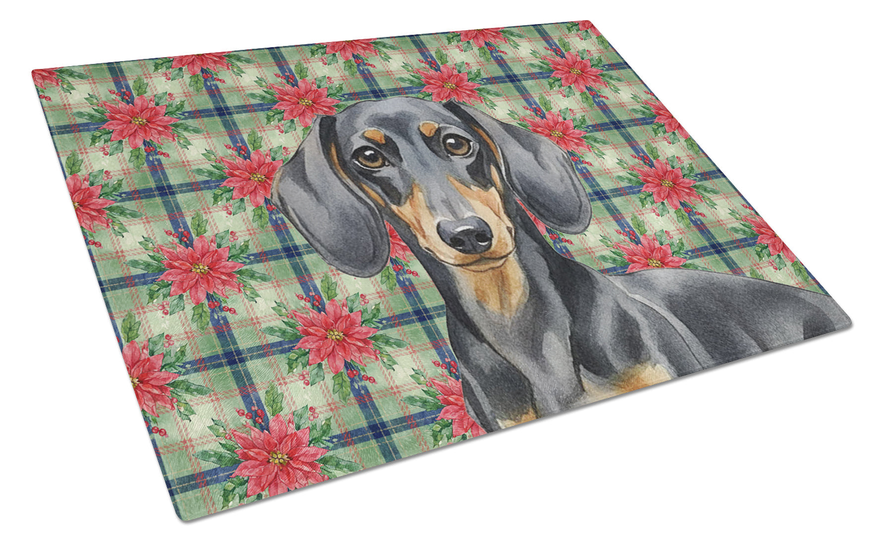 Black and Tan Dachshund Christmas PoinsettIas Cutting Board Tempered Glass Kitchen Cutting Surface, Heat Resistant Chopping, Non-Slip Feet, Food Prep & Serving