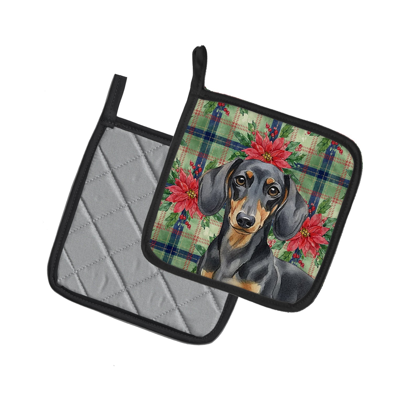 Black and Tan Dachshund Christmas PoinsettIas Pot Holder Set of 2 Heat Resistant Quilted Hot Pads 7.5 x 7.5 Inch, Insulated Kitchen Trivets for Cooking & Baking