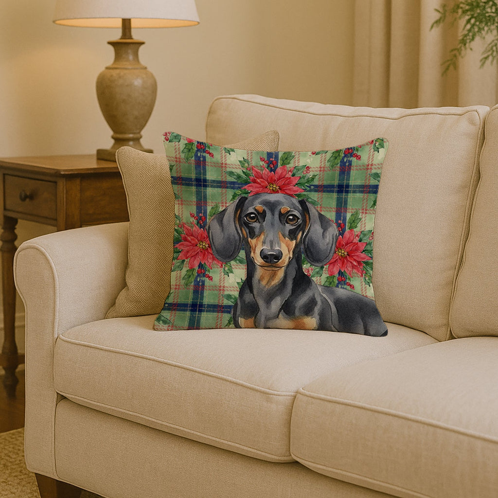 Black and Tan Dachshund Christmas PoinsettIas Decorative Throw Pillow 14x14 Indoor Outdoor Accent Cushion, Fabric Cover with Insert for Sofa, Bed, Porch & Living Room