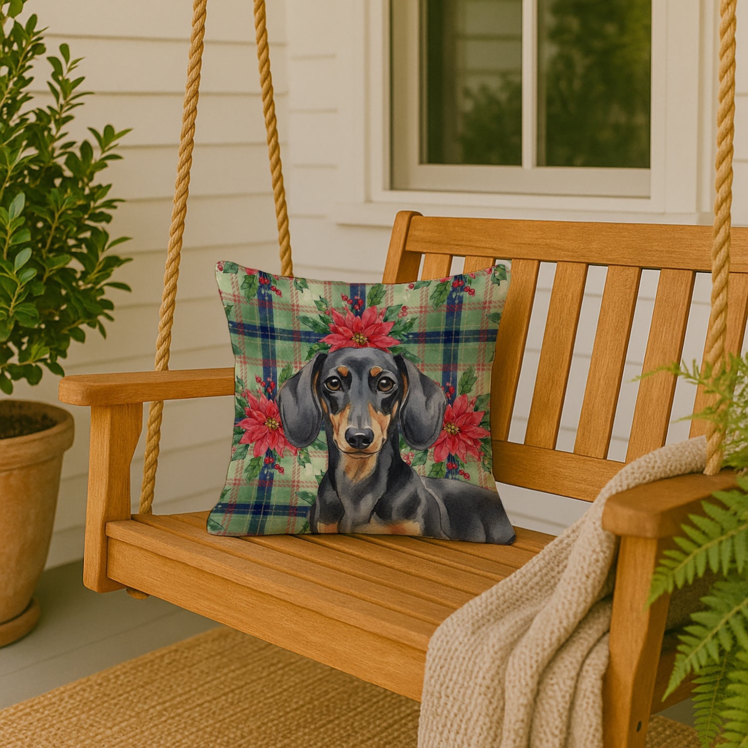 Black and Tan Dachshund Christmas PoinsettIas Decorative Throw Pillow 18x18 Indoor Outdoor Accent Cushion, Fabric Cover with Insert for Sofa, Bed, Porch & Living Room