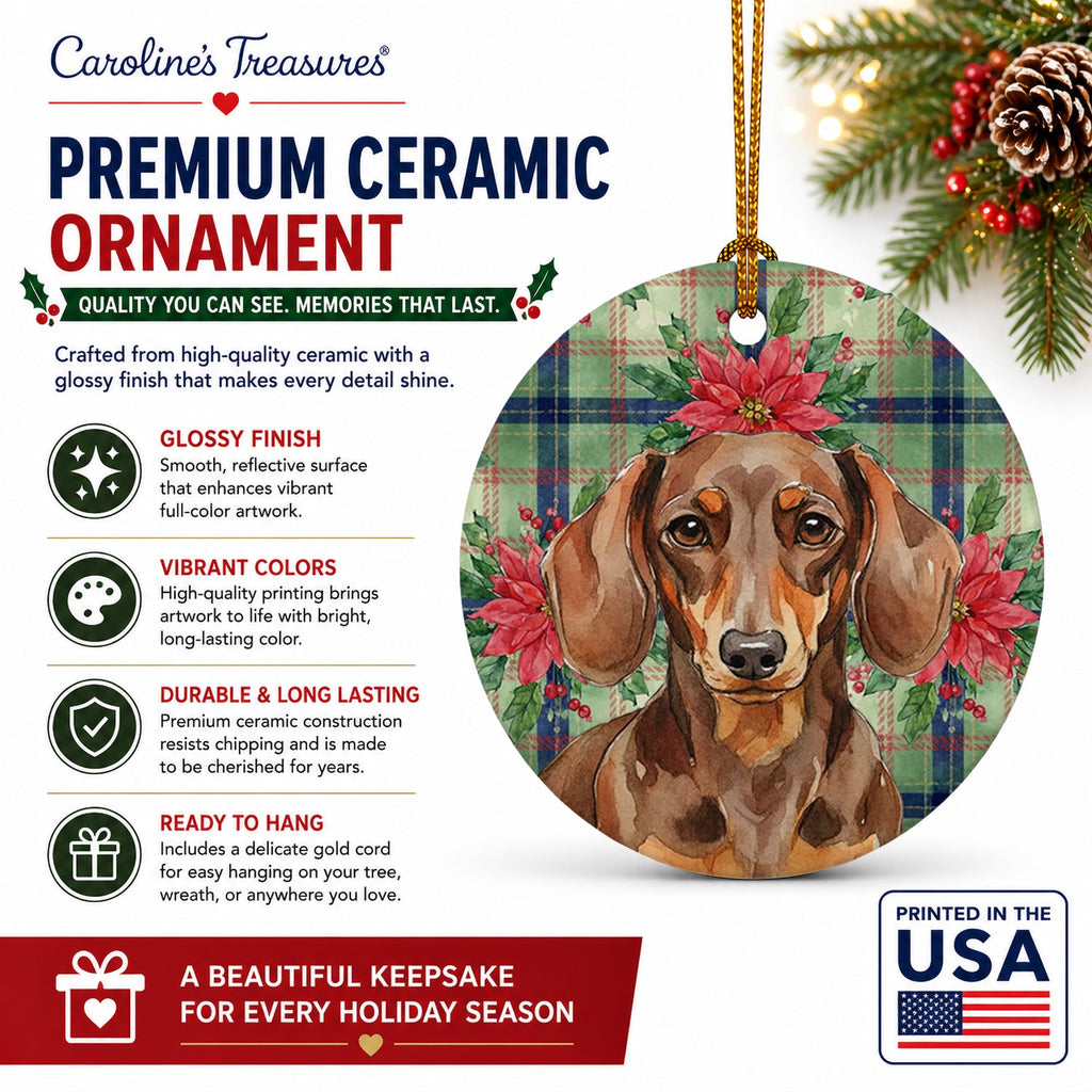 Chocolate and Tan Dachshund Christmas PoinsettIas Ceramic Ornament Christmas Tree Hanging Decorations for Home Christmas Holiday, Party, Gift, 3 in, Multicolor