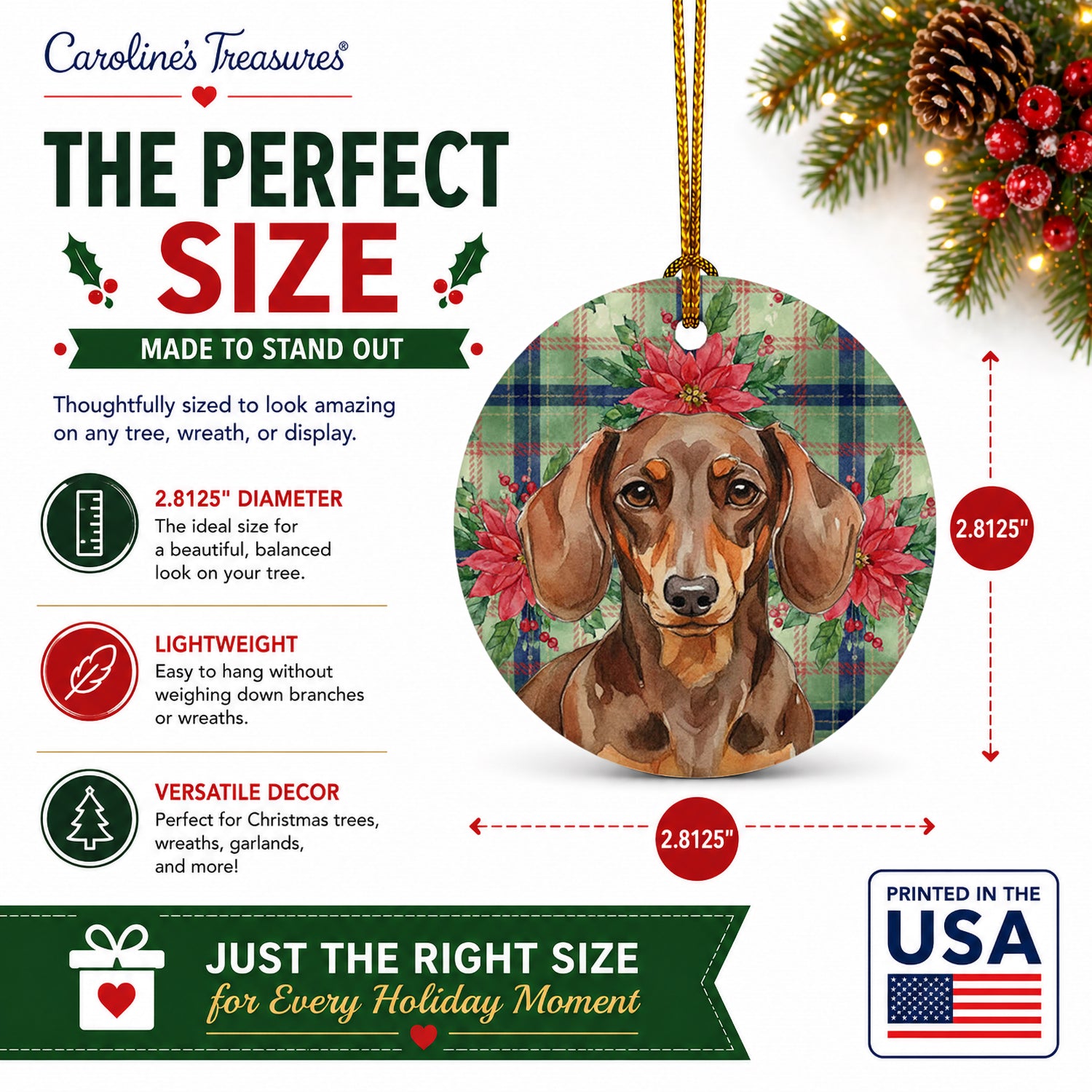 Chocolate and Tan Dachshund Christmas PoinsettIas Ceramic Ornament Christmas Tree Hanging Decorations for Home Christmas Holiday, Party, Gift, 3 in, Multicolor