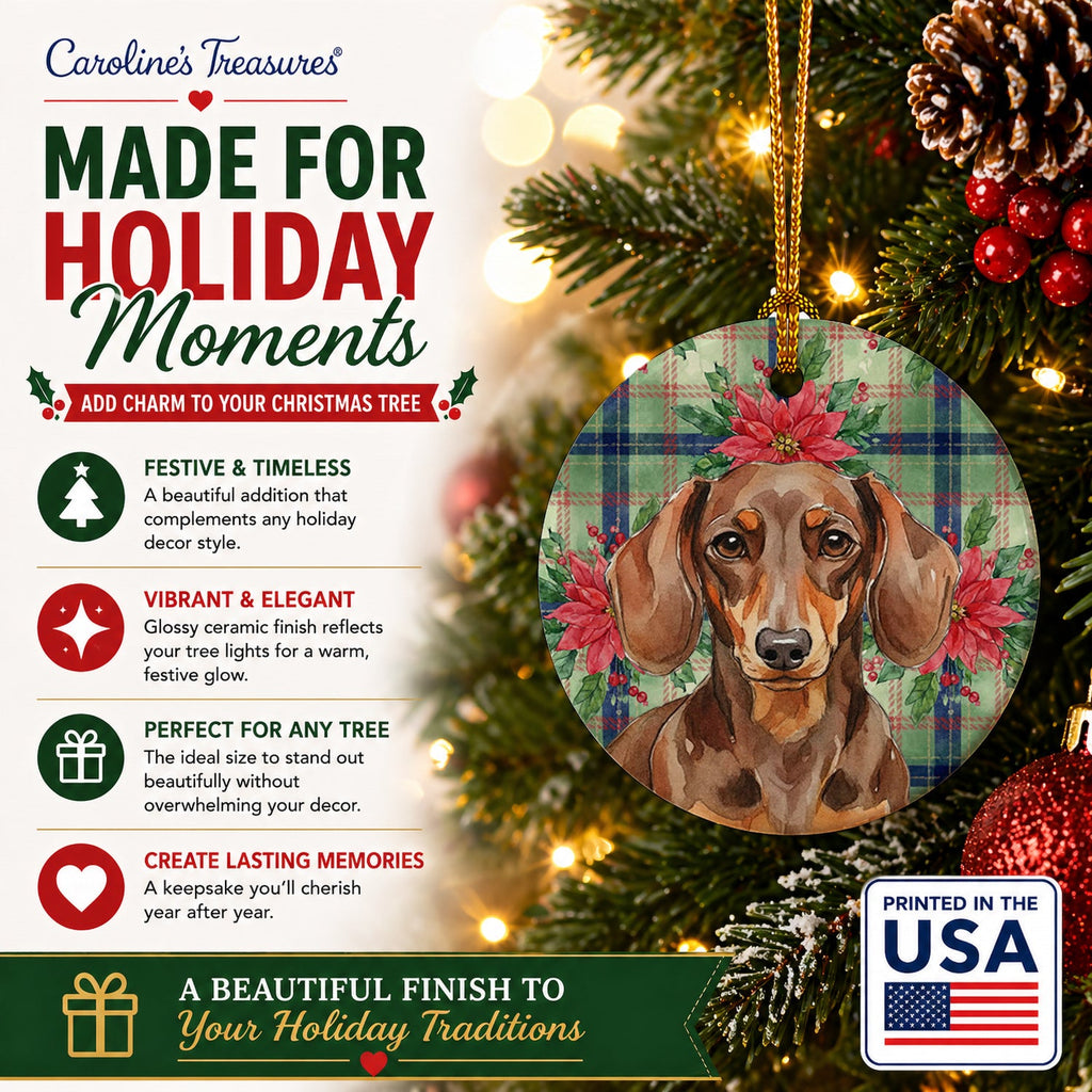 Chocolate and Tan Dachshund Christmas PoinsettIas Ceramic Ornament Christmas Tree Hanging Decorations for Home Christmas Holiday, Party, Gift, 3 in, Multicolor