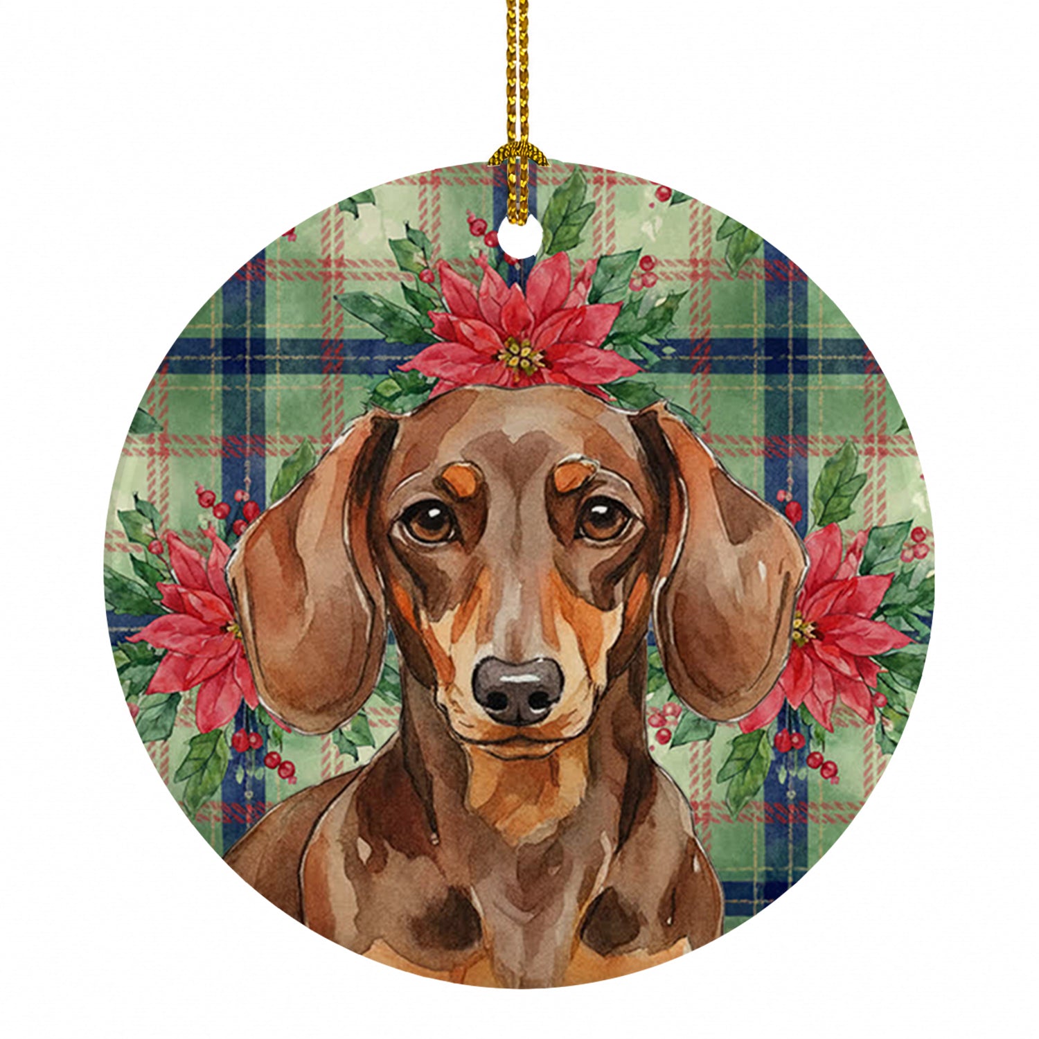 Chocolate and Tan Dachshund Christmas PoinsettIas Ceramic Ornament Christmas Tree Hanging Decorations for Home Christmas Holiday, Party, Gift, 3 in, Multicolor