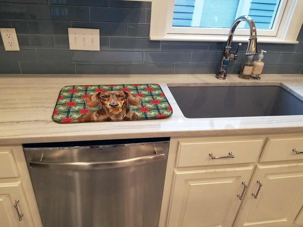 Chocolate and Tan Dachshund Christmas PoinsettIas Dish Drying Mat Absorbent Dish Drying Mat Pad for Kitchen Counter Dish Drainer Mat for Countertop, 14 x 21", Multicolor