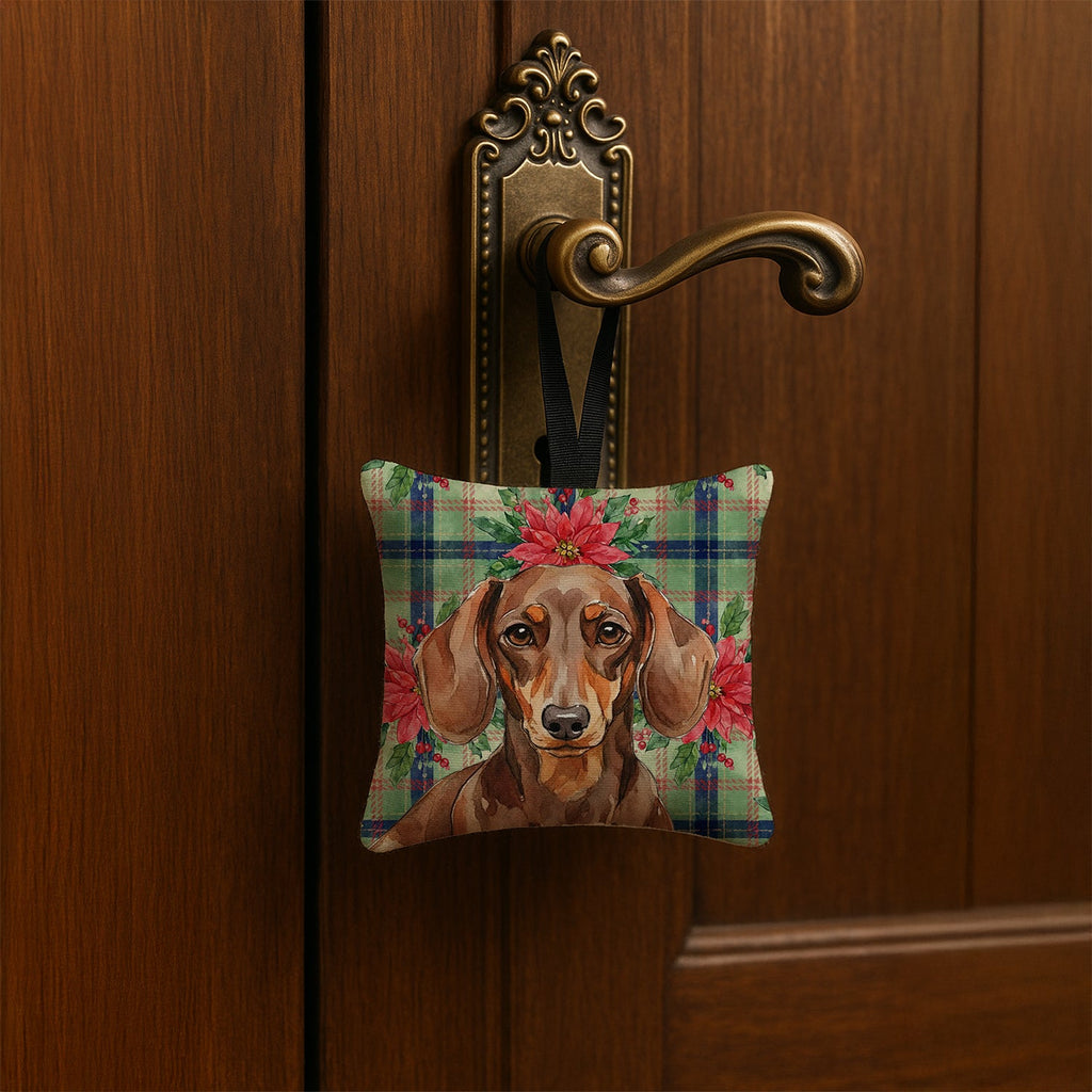 Chocolate and Tan Dachshund Christmas PoinsettIas Hanging Square Fabric Ornament 3.5 � 3.5 Decorative Door-Knob & Tree Hanger, Soft Fabric