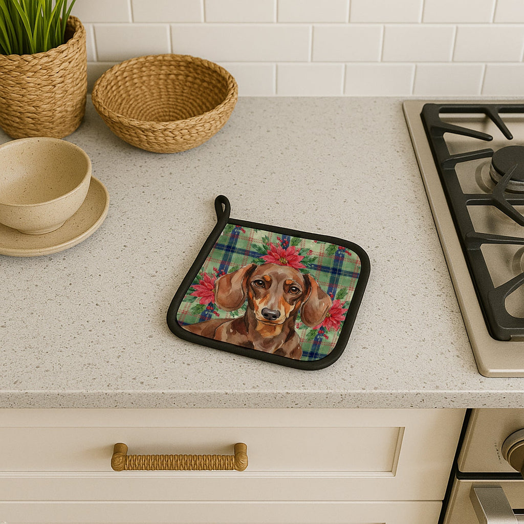 Chocolate and Tan Dachshund Christmas PoinsettIas Pot Holder Set of 2 Heat Resistant Quilted Hot Pads 7.5 x 7.5 Inch, Insulated Kitchen Trivets for Cooking & Baking