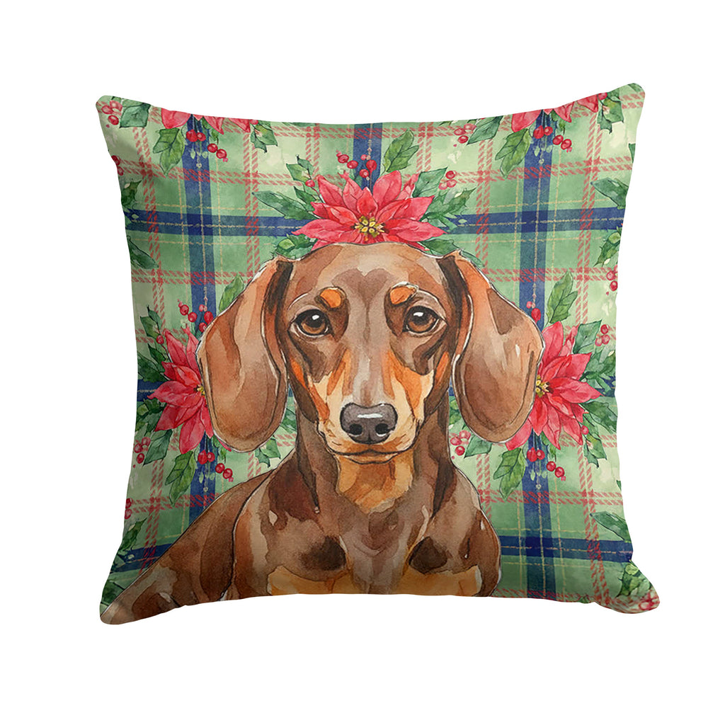 Chocolate and Tan Dachshund Christmas PoinsettIas Decorative Throw Pillow 18x18 Indoor Outdoor Accent Cushion, Fabric Cover with Insert for Sofa, Bed, Porch & Living Room