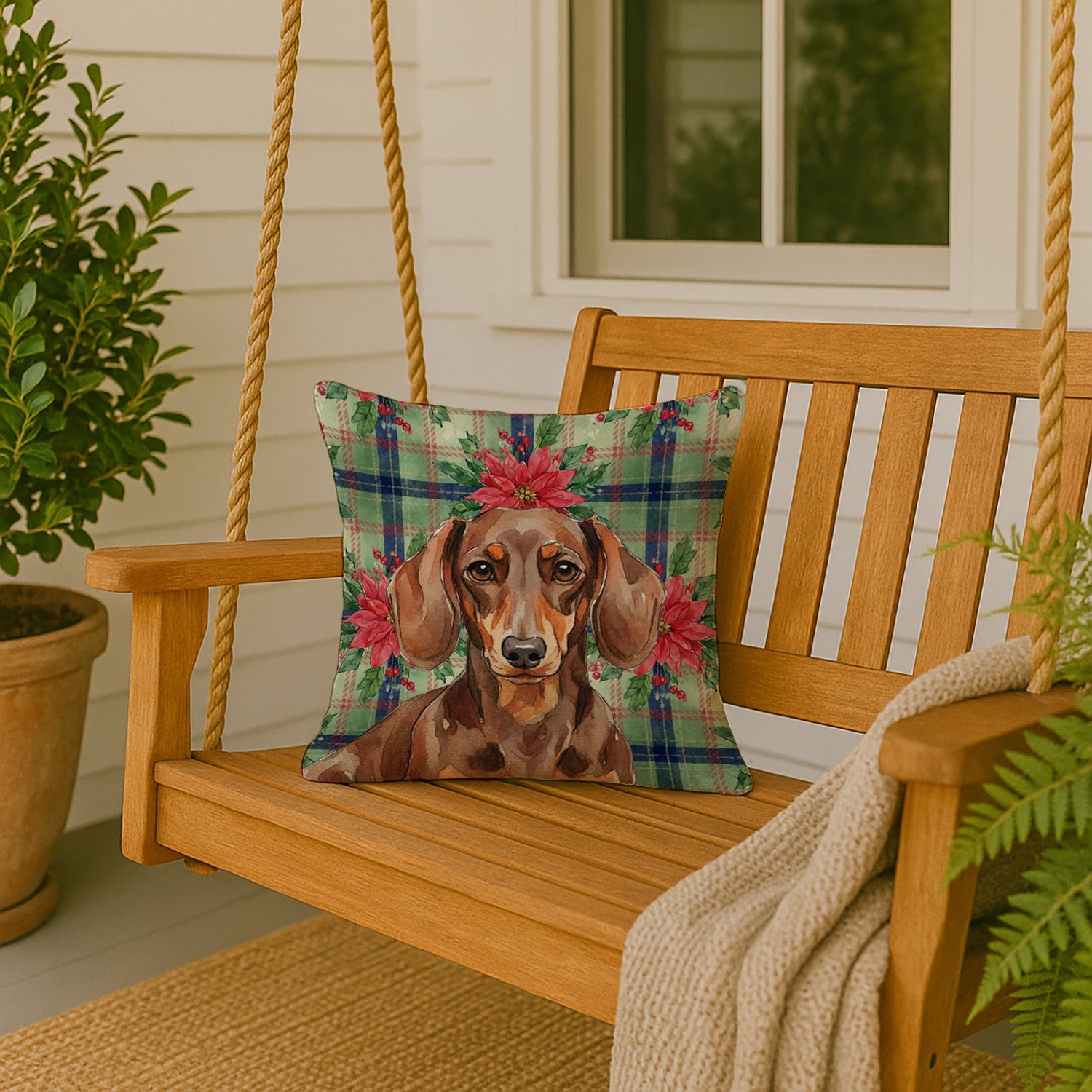 Chocolate and Tan Dachshund Christmas PoinsettIas Decorative Throw Pillow 18x18 Indoor Outdoor Accent Cushion, Fabric Cover with Insert for Sofa, Bed, Porch & Living Room