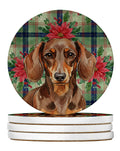 Chocolate and Tan Dachshund Christmas PoinsettIas Large Sandstone Coasters Pack of 4 Absorbent Round Coasters Decor Gifts for Men or Women, 4 in, Multicolor