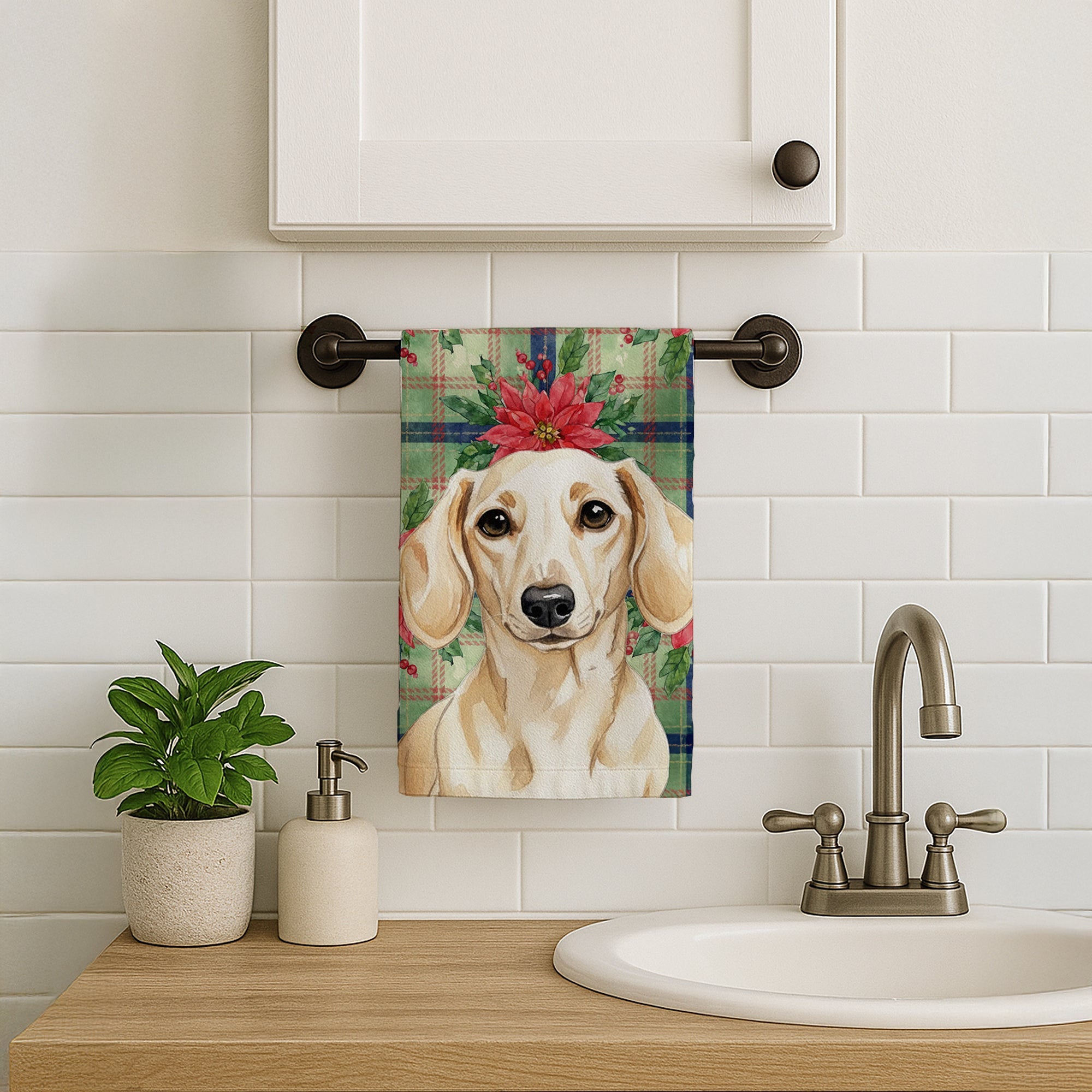Cream Dachshund Christmas PoinsettIas Kitchen Towel Velour Plush Front and Cotton Loop Back Machine Washable