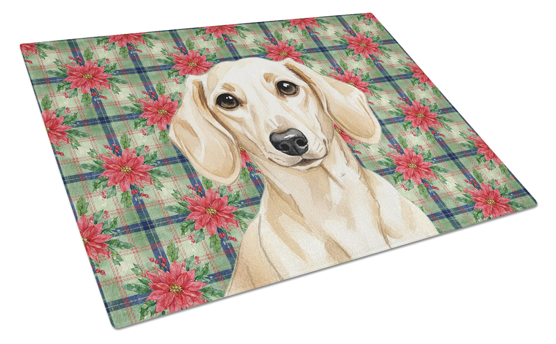 Cream Dachshund Christmas PoinsettIas Cutting Board Tempered Glass Kitchen Cutting Surface, Heat Resistant Chopping, Non-Slip Feet, Food Prep & Serving