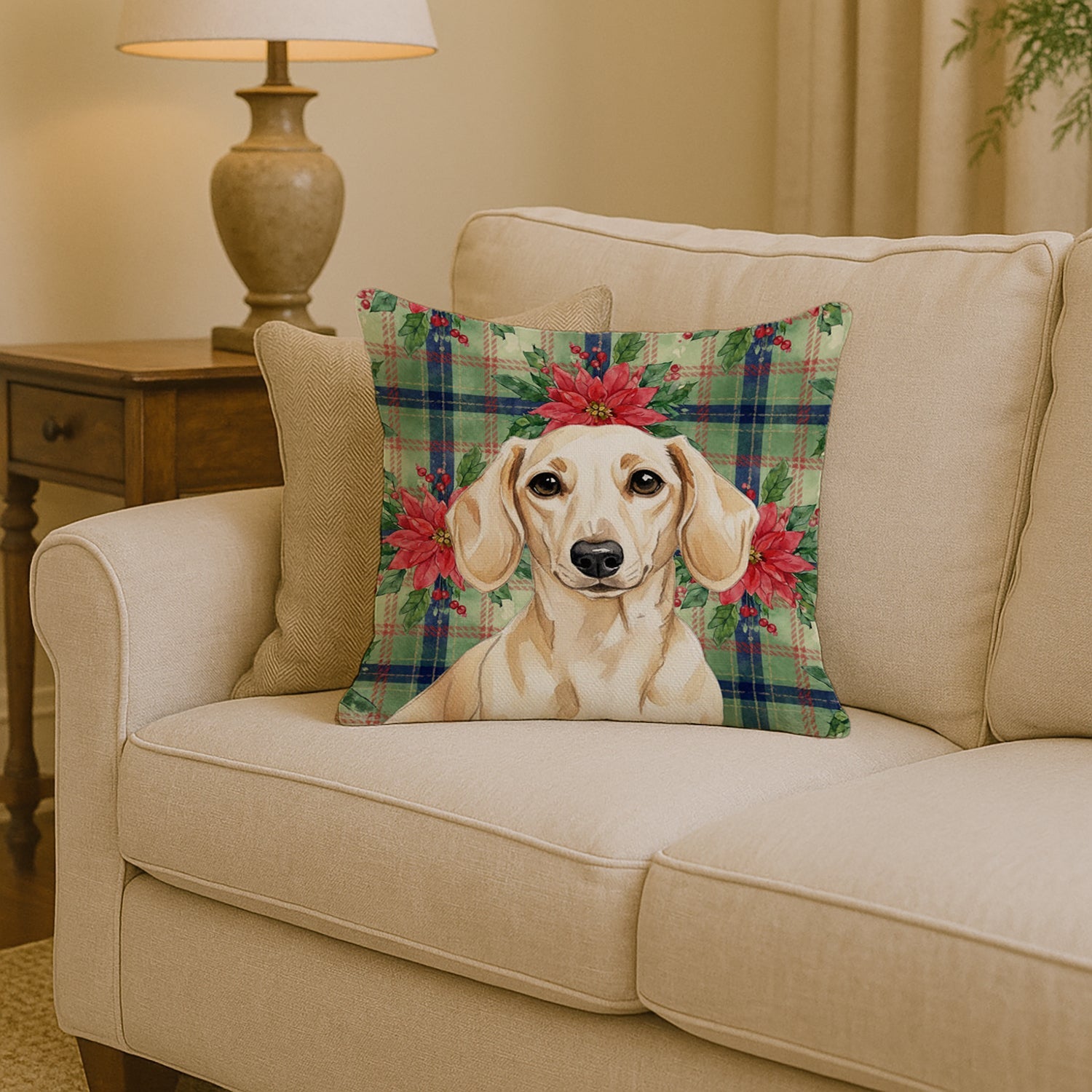 Cream Dachshund Christmas PoinsettIas Decorative Throw Pillow 14x14 Indoor Outdoor Accent Cushion, Fabric Cover with Insert for Sofa, Bed, Porch & Living Room