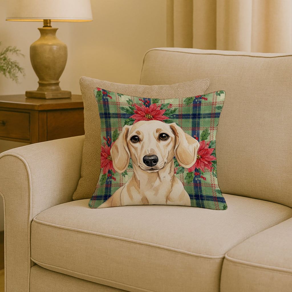 Cream Dachshund Christmas PoinsettIas Decorative Throw Pillow 18x18 Indoor Outdoor Accent Cushion, Fabric Cover with Insert for Sofa, Bed, Porch & Living Room